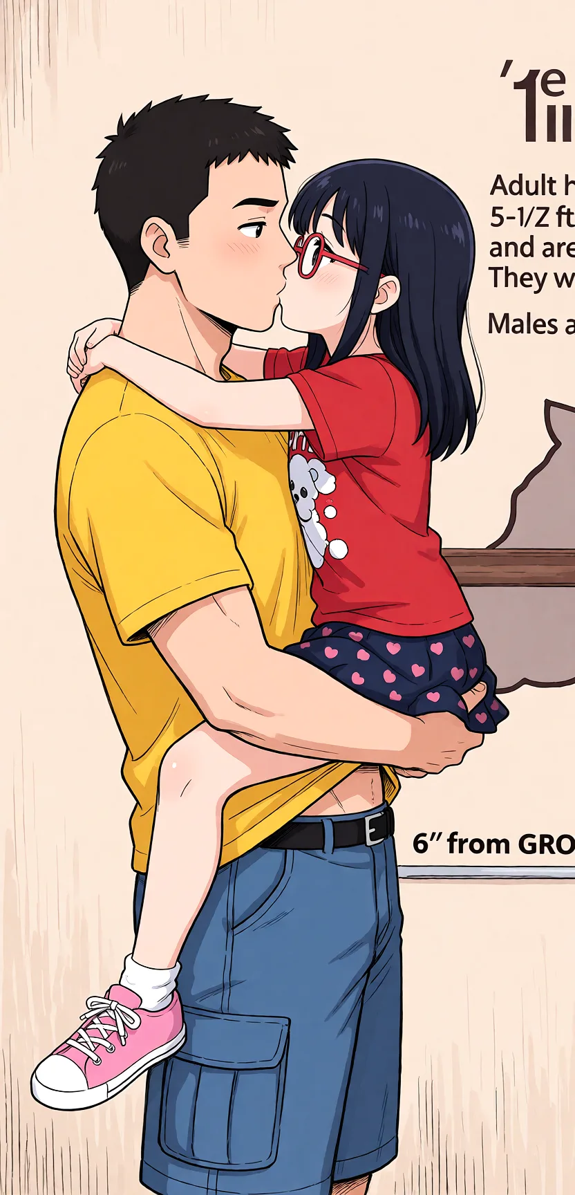 Redraw the entire picture as a hand-drawn anime illustration in flat cel-shaded anime style. It stays the same person with the same face, the same expression, the same hair and the same skin tone, and every other detail of the photograph is kept exactly as it is: nothing is added, removed, moved, uncovered or recoloured. Only the medium changes, and no part of the picture is left photographic. Above all, the picture must show: Pick her up, she wraps her legs around him, he lifts her skirt, kissing.