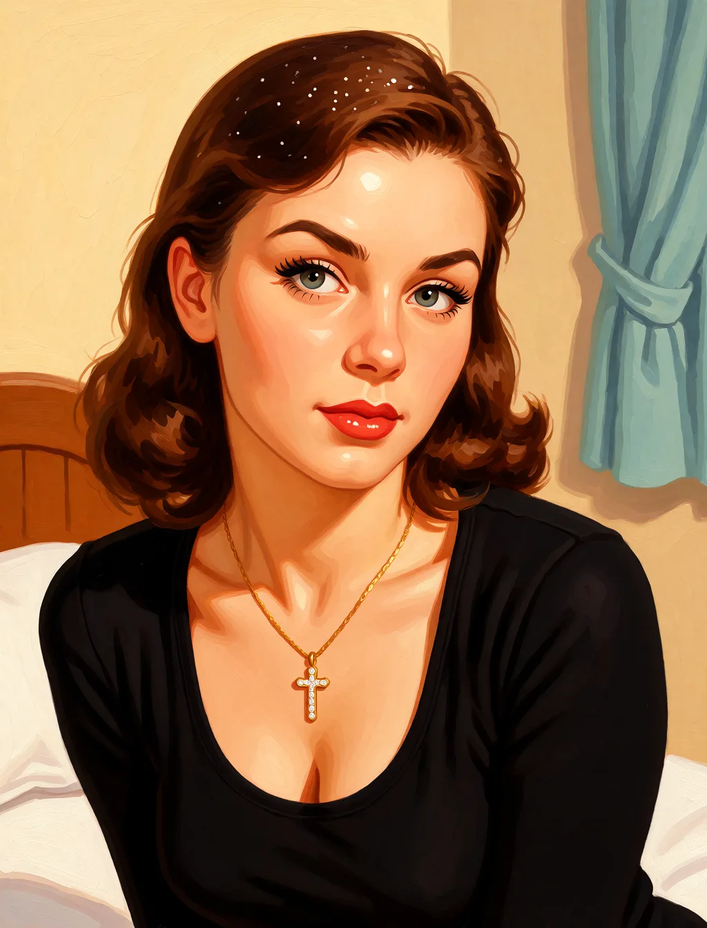 Redraw the entire picture as a retro pin-up illustration: smooth airbrushed gouache paint, warm saturated mid-century colour, clean confident outlines and glamorous stylised features, in the look of a 1950s pin-up poster. The background is painted in the same style. Nothing in the frame keeps its photographic appearance. Above all, the picture must show: На кровати ее трахает 2 мужика 1 в рот второй в анус пока я сижу и дрочу.