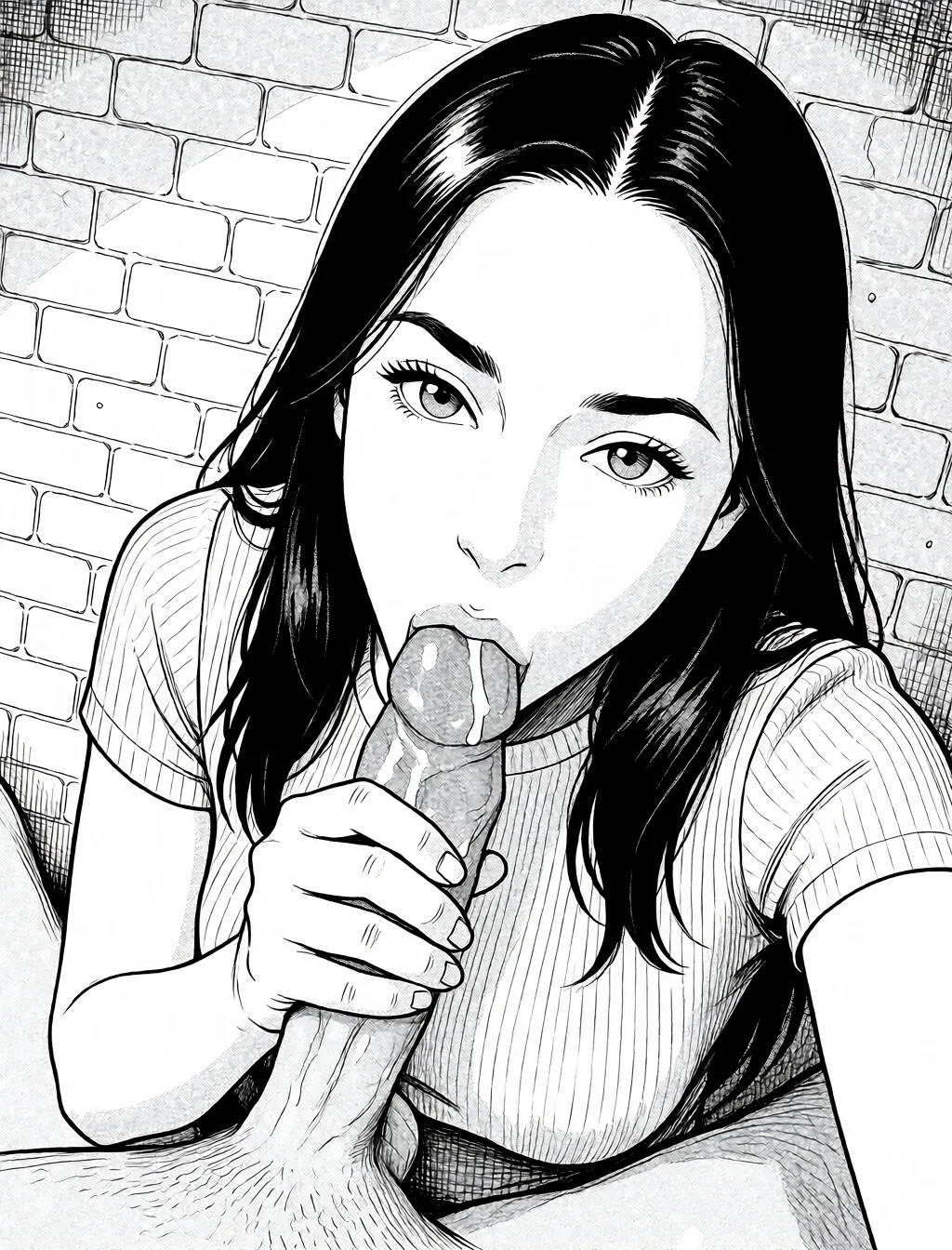 Redraw the entire picture as a black and white manga page: crisp black ink line art, no colour anywhere, flat halftone screentone shading, hatched shadows and clean white highlights, in the look of a printed manga panel. The background is drawn in the same style. Nothing in the frame keeps its photographic appearance. Above all, the picture must show: is giving a blowjob.