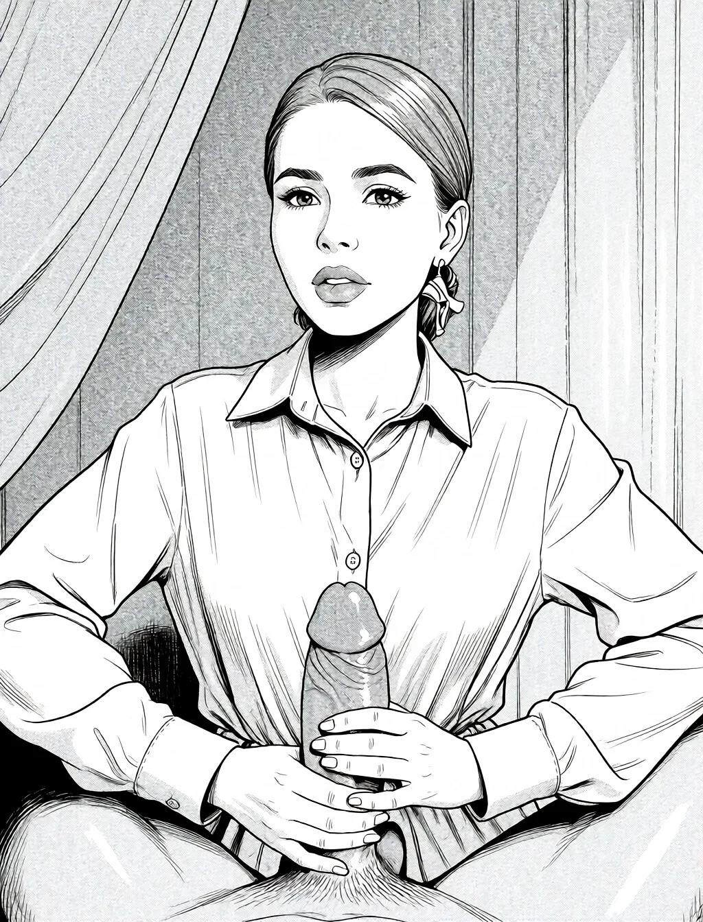 Redraw the entire picture as a black and white manga page: crisp black ink line art, no colour anywhere, flat halftone screentone shading, hatched shadows and clean white highlights, in the look of a printed manga panel. The background is drawn in the same style. Nothing in the frame keeps its photographic appearance. Above all, the picture must show: is giving a fellatio.