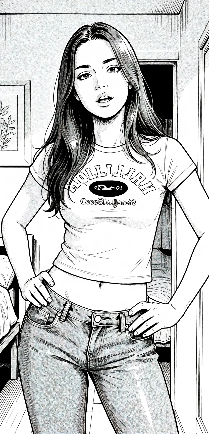 Redraw the entire picture as a black and white manga page: crisp black ink line art, no colour anywhere, flat halftone screentone shading, hatched shadows and clean white highlights, in the look of a printed manga panel. The background is drawn in the same style. Nothing in the frame keeps its photographic appearance. Above all, the picture must show: All naked.