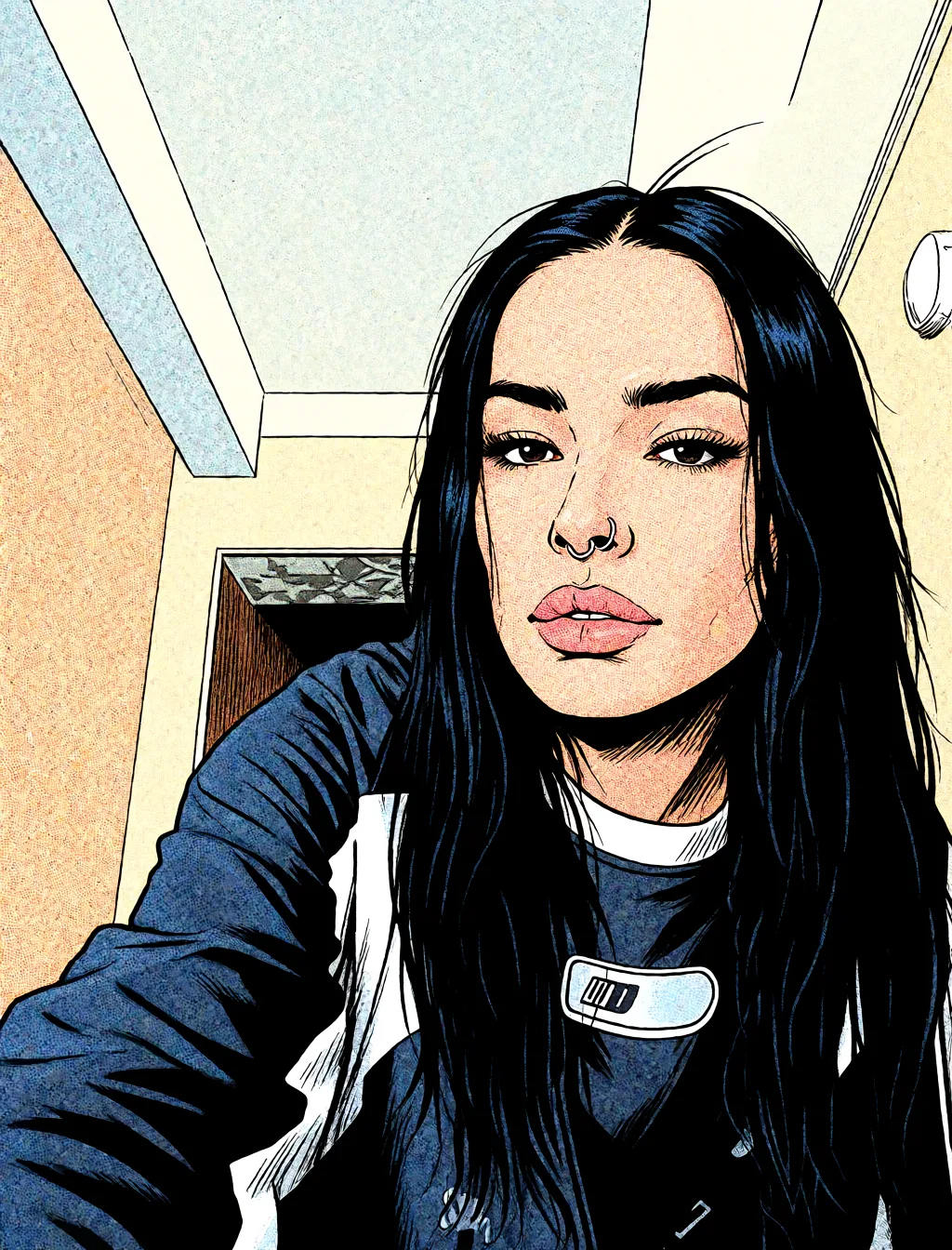Redraw the entire picture as western comic-book art: heavy black inked outlines, hard-edged cel shading, limited high-contrast colour and visible halftone dot texture. The background is drawn in the same style. Nothing in the frame keeps its photographic appearance. Above all, the picture must show: Big paizuri.