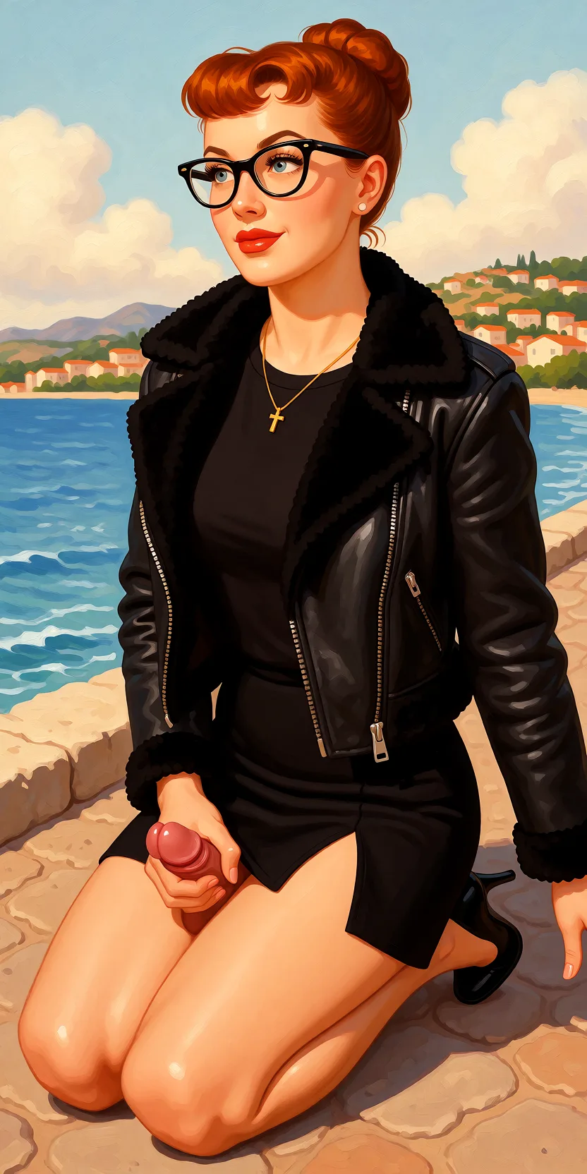 Redraw the entire picture as a retro pin-up illustration: smooth airbrushed gouache paint, warm saturated mid-century colour, clean confident outlines and glamorous stylised features, in the look of a 1950s pin-up poster. The background is painted in the same style. Nothing in the frame keeps its photographic appearance. Above all, the picture must show: on knees_up. sucking dick.
