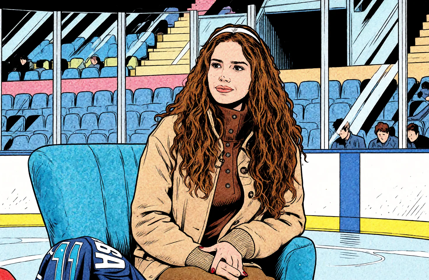 Redraw the entire picture as western comic-book art: heavy black inked outlines, hard-edged cel shading, limited high-contrast colour and visible halftone dot texture. The background is drawn in the same style. Nothing in the frame keeps its photographic appearance. Above all, the picture must show: showing everything.