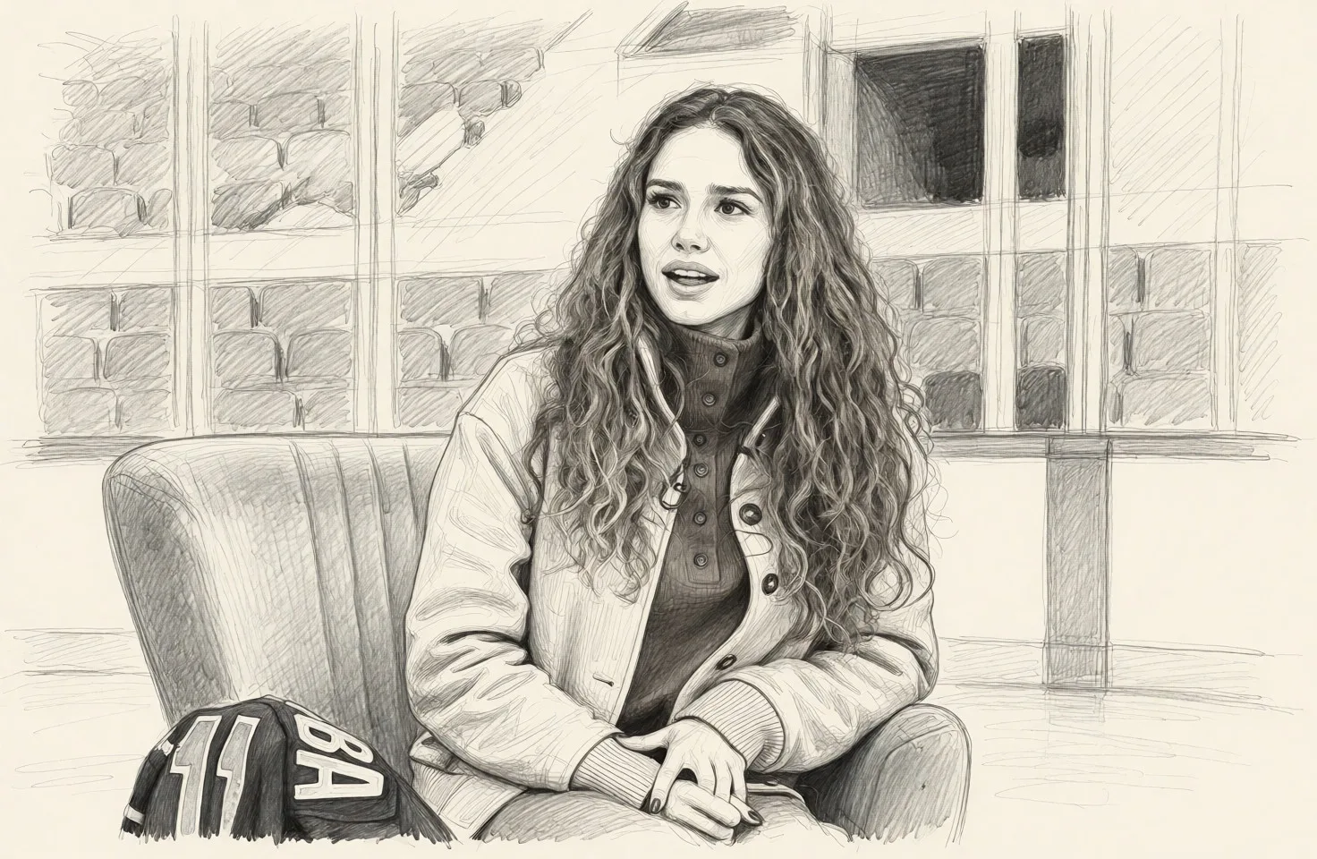 Redraw the entire picture as a hand-drawn graphite sketch on off-white paper: visible pencil strokes, cross-hatched shading, loose construction lines and no colour beyond the grey of the pencil and the tone of the paper. The background is drawn in the same style. Nothing in the frame keeps its photographic appearance. Above all, the picture must show: make her giving oral.