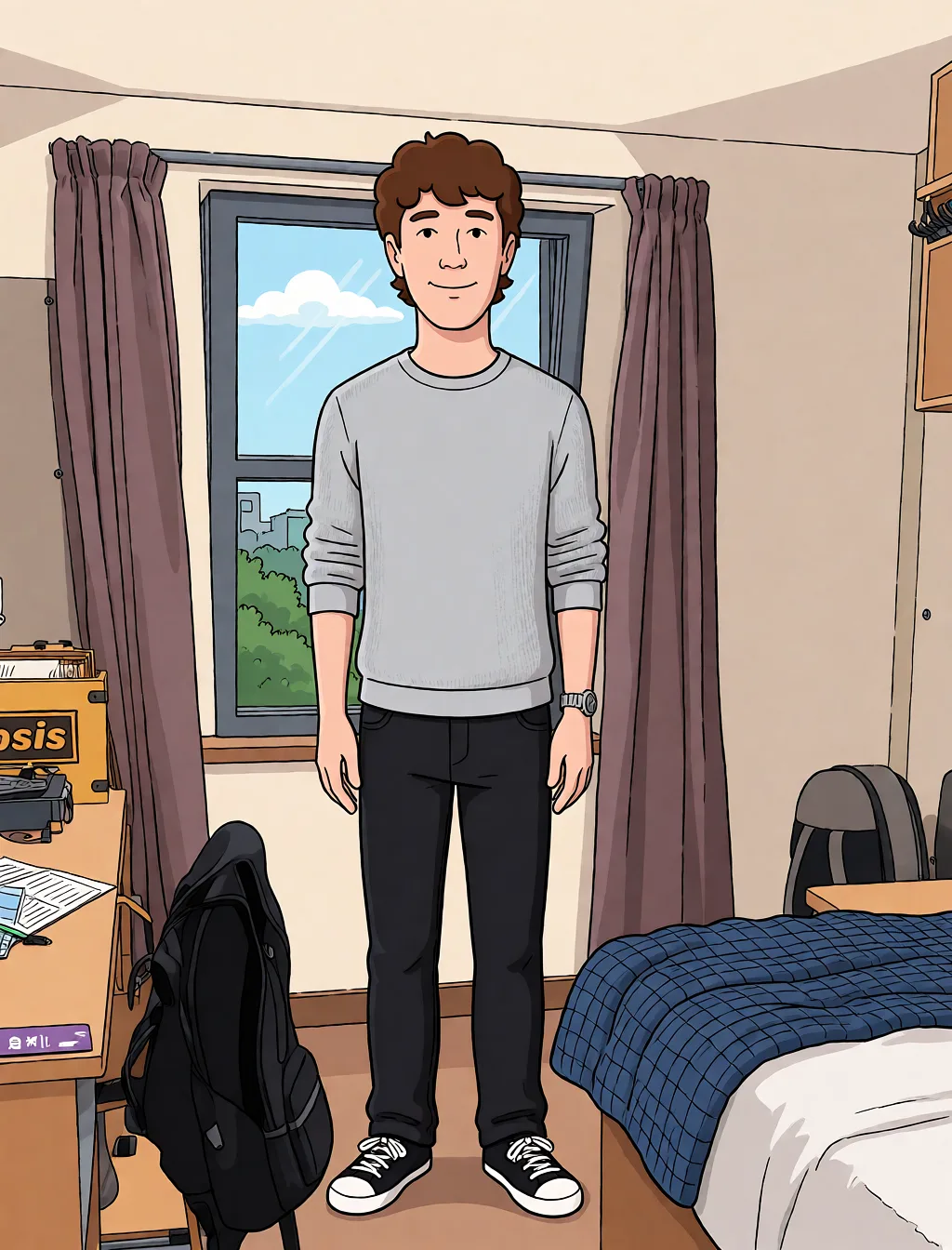 Redraw the entire picture as a western animated cartoon cel: thick even outlines, flat bright blocks of colour, simplified rounded shapes and hard-edged shadows, in the look of a television cartoon rather than of a camera. Keep the woman's adult proportions and adult figure exactly as they are; only the drawing style changes. The background is drawn in the same style. Nothing in the frame keeps its photographic appearance. Above all, the picture must show: The man is stood completely naked. Slim body.