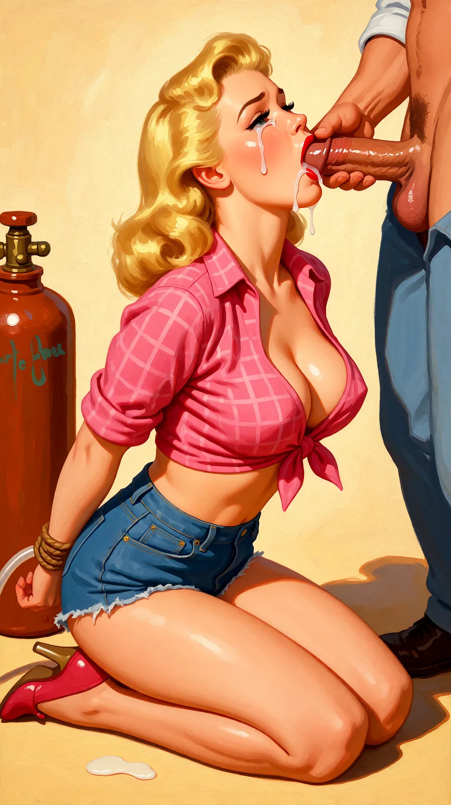 Redraw the entire picture as a retro pin-up illustration: smooth airbrushed gouache paint, warm saturated mid-century colour, clean confident outlines and glamorous stylised features, in the look of a 1950s pin-up poster. The background is painted in the same style. Nothing in the frame keeps its photographic appearance. Above all, the picture must show: blonde hair, crying.