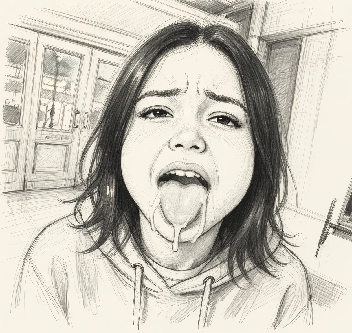 Redraw the entire picture as a hand-drawn graphite sketch on off-white paper: visible pencil strokes, cross-hatched shading, loose construction lines and no colour beyond the grey of the pencil and the tone of the paper. The background is drawn in the same style. Nothing in the frame keeps its photographic appearance. Above all, the picture must show: Opens her mouth full of cum, cum_in_mouth, bulging cheeks, tongue out, ashamed of herself.