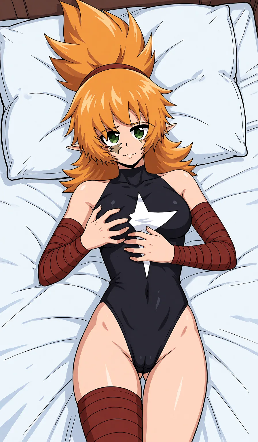 Redraw the entire picture as a hand-drawn anime illustration in flat cel-shaded anime style. It stays the same person with the same face, the same expression, the same hair and the same skin tone, and every other detail of the photograph is kept exactly as it is: nothing is added, removed, moved, uncovered or recoloured. Only the medium changes, and no part of the picture is left photographic. Above all, the picture must show: Leotard moved to the side to reveil her pussy.