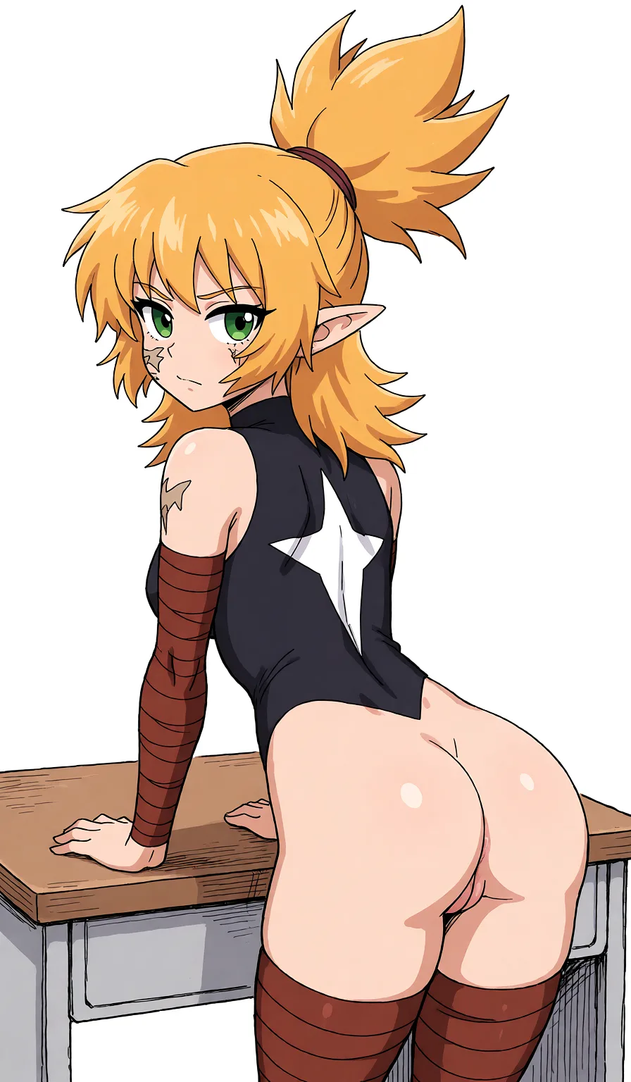 Redraw the entire picture as a hand-drawn anime illustration in flat cel-shaded anime style. It stays the same person with the same face, the same expression, the same hair and the same skin tone, and every other detail of the photograph is kept exactly as it is: nothing is added, removed, moved, uncovered or recoloured. Only the medium changes, and no part of the picture is left photographic. Above all, the picture must show: Change her position so she's bent over a desk, presenting her pussy and ass conpletely naked giving her back to the viewer.