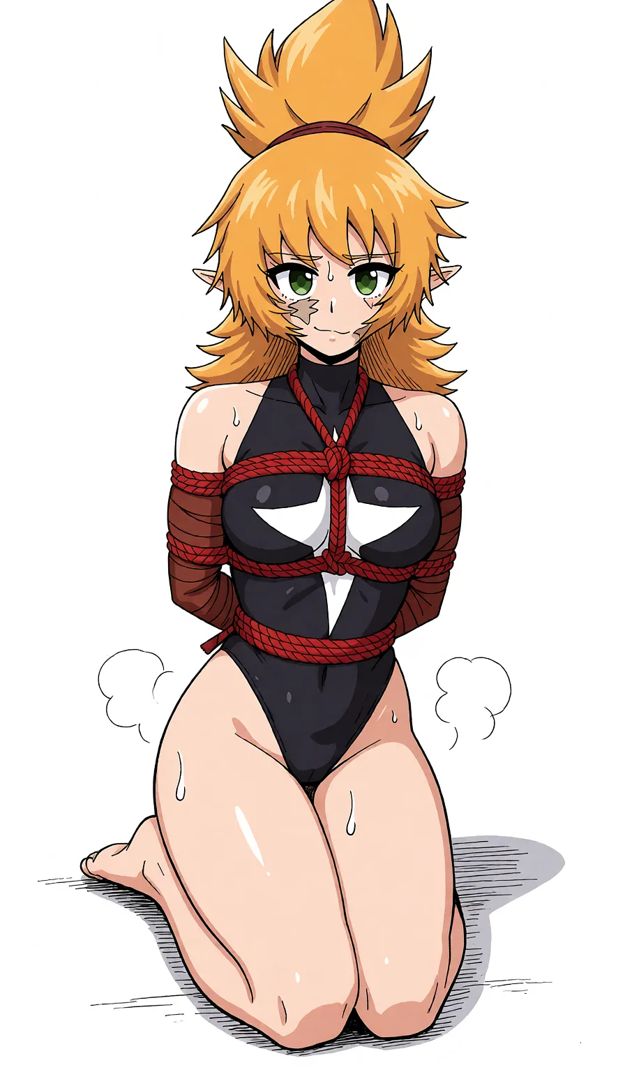 Redraw the entire picture as a hand-drawn anime illustration in flat cel-shaded anime style. It stays the same person with the same face, the same expression, the same hair and the same skin tone, and every other detail of the photograph is kept exactly as it is: nothing is added, removed, moved, uncovered or recoloured. Only the medium changes, and no part of the picture is left photographic. Above all, the picture must show: Make her nude from the waist down, sweat steam.
