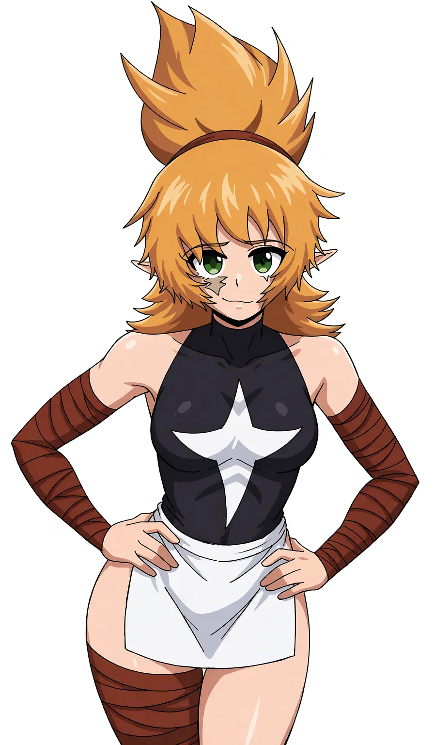 Redraw the entire picture as a hand-drawn anime illustration in flat cel-shaded anime style. It stays the same person with the same face, the same expression, the same hair and the same skin tone, and every other detail of the photograph is kept exactly as it is: nothing is added, removed, moved, uncovered or recoloured. Only the medium changes, and no part of the picture is left photographic. Above all, the picture must show: Using this reference, keep her face exactly the same as the original. Change her pose so she’s bending over toward the viewer, wearing only a tight short apron with nothing underneath, frontal view.