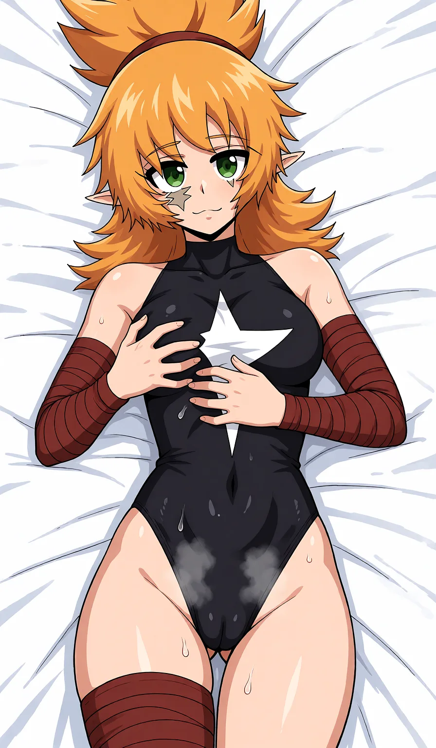 Redraw the entire picture as a hand-drawn anime illustration in flat cel-shaded anime style. It stays the same person with the same face, the same expression, the same hair and the same skin tone, and every other detail of the photograph is kept exactly as it is: nothing is added, removed, moved, uncovered or recoloured. Only the medium changes, and no part of the picture is left photographic. Above all, the picture must show: Make the leotard look super tight, with a pussy outline visible, sweat, steam.