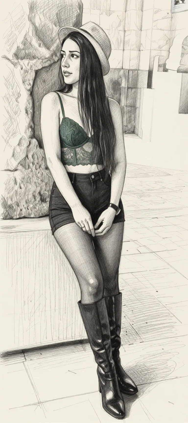 Redraw the entire picture as a hand-drawn graphite sketch on off-white paper: visible pencil strokes, cross-hatched shading, loose construction lines and no colour beyond the grey of the pencil and the tone of the paper. The background is drawn in the same style. Nothing in the frame keeps its photographic appearance. Above all, the picture must show: Thighjob with a younger guy.