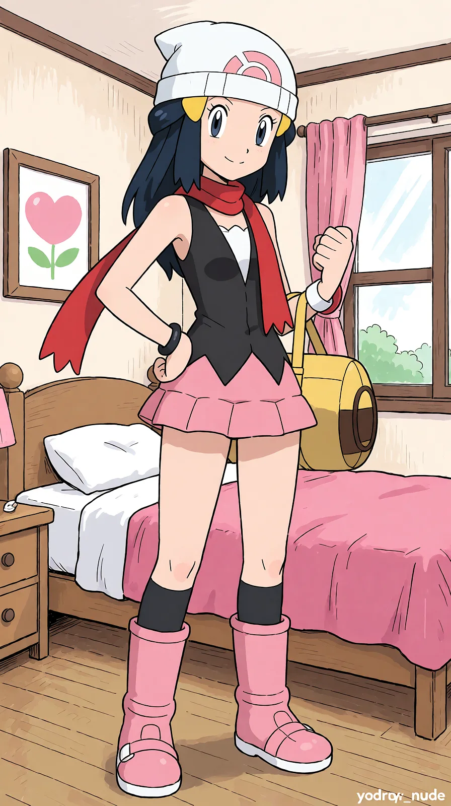 Redraw the entire picture as a hand-drawn anime illustration in flat cel-shaded anime style. It stays the same person with the same face, the same expression, the same hair and the same skin tone, and every other detail of the photograph is kept exactly as it is: nothing is added, removed, moved, uncovered or recoloured. Only the medium changes, and no part of the picture is left photographic. Above all, the picture must show: yuri bedroom completely_nude.