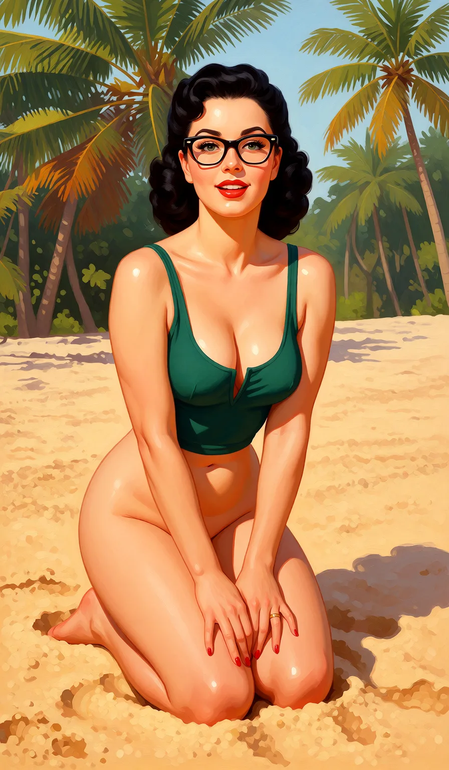 Redraw the entire picture as a retro pin-up illustration: smooth airbrushed gouache paint, warm saturated mid-century colour, clean confident outlines and glamorous stylised features, in the look of a 1950s pin-up poster. The background is painted in the same style. Nothing in the frame keeps its photographic appearance. Above all, the picture must show: Same pose and dimensions as the original, nude.