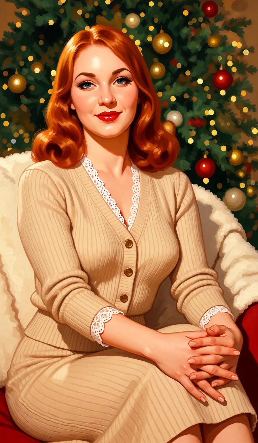 Redraw the entire picture as a retro pin-up illustration: smooth airbrushed gouache paint, warm saturated mid-century colour, clean confident outlines and glamorous stylised features, in the look of a 1950s pin-up poster. The background is painted in the same style. Nothing in the frame keeps its photographic appearance. Above all, the picture must show:woman_on_top.
