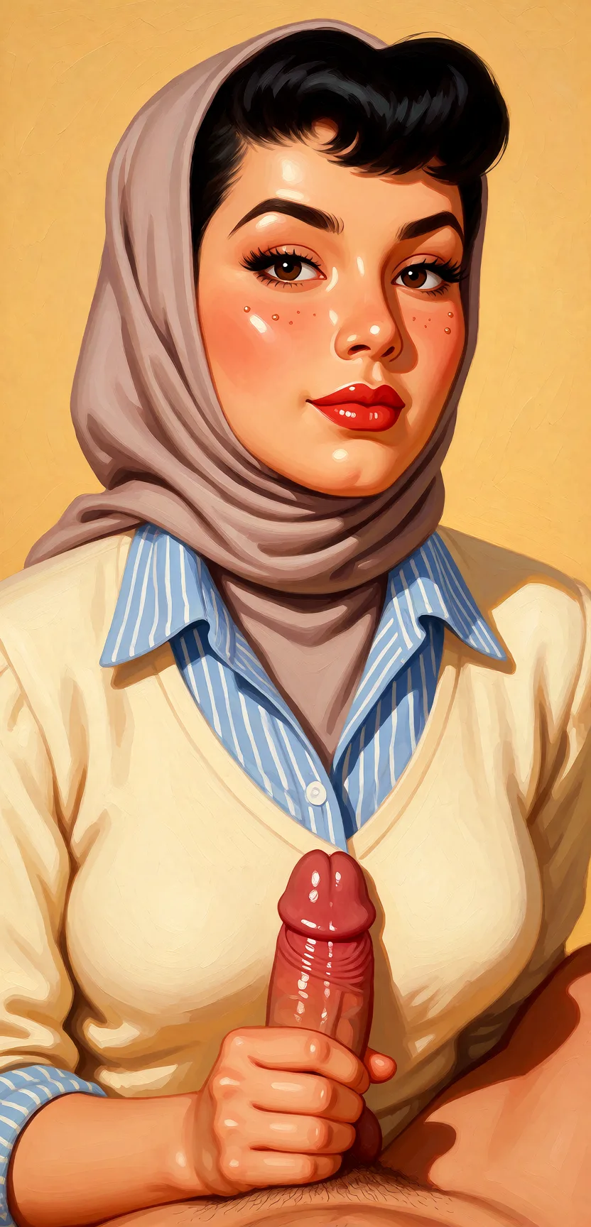 Redraw the entire picture as a retro pin-up illustration: smooth airbrushed gouache paint, warm saturated mid-century colour, clean confident outlines and glamorous stylised features, in the look of a 1950s pin-up poster. The background is painted in the same style. Nothing in the frame keeps its photographic appearance. Above all, the picture must show: blowjob scene.
