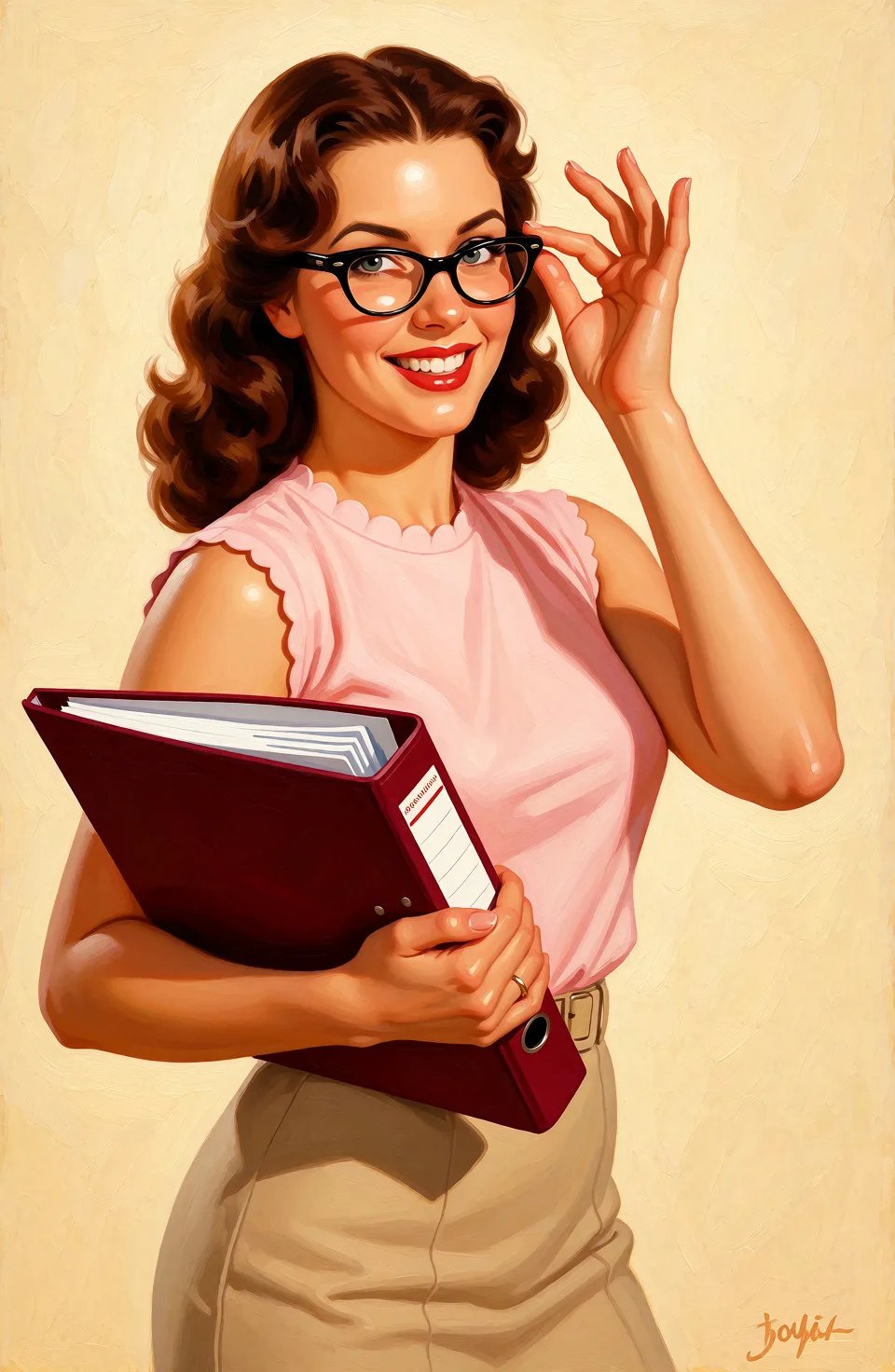 Redraw the entire picture as a retro pin-up illustration: smooth airbrushed gouache paint, warm saturated mid-century colour, clean confident outlines and glamorous stylised features, in the look of a 1950s pin-up poster. The background is painted in the same style. Nothing in the frame keeps its photographic appearance. Above all, the picture must show: раздеть реалистично.