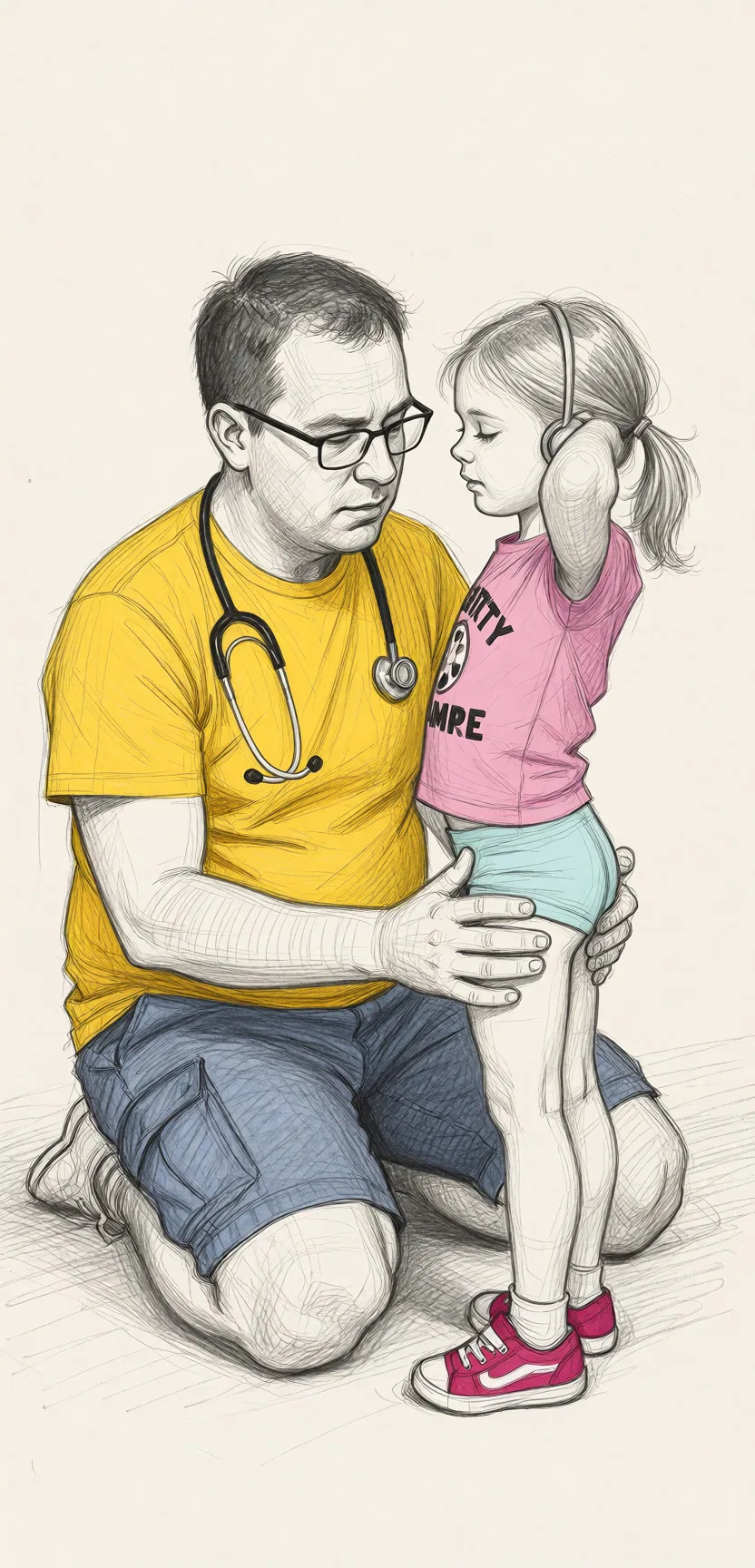 Redraw the entire picture as a hand-drawn graphite sketch on off-white paper: visible pencil strokes, cross-hatched shading, loose construction lines and no colour beyond the grey of the pencil and the tone of the paper. The background is drawn in the same style. Nothing in the frame keeps its photographic appearance. Above all, the picture must show: He has glasses and is sitting on the floor, she's wearing tight little shorts, she's listening to his heart, they are playing doctor, his hands are holding her thighs.