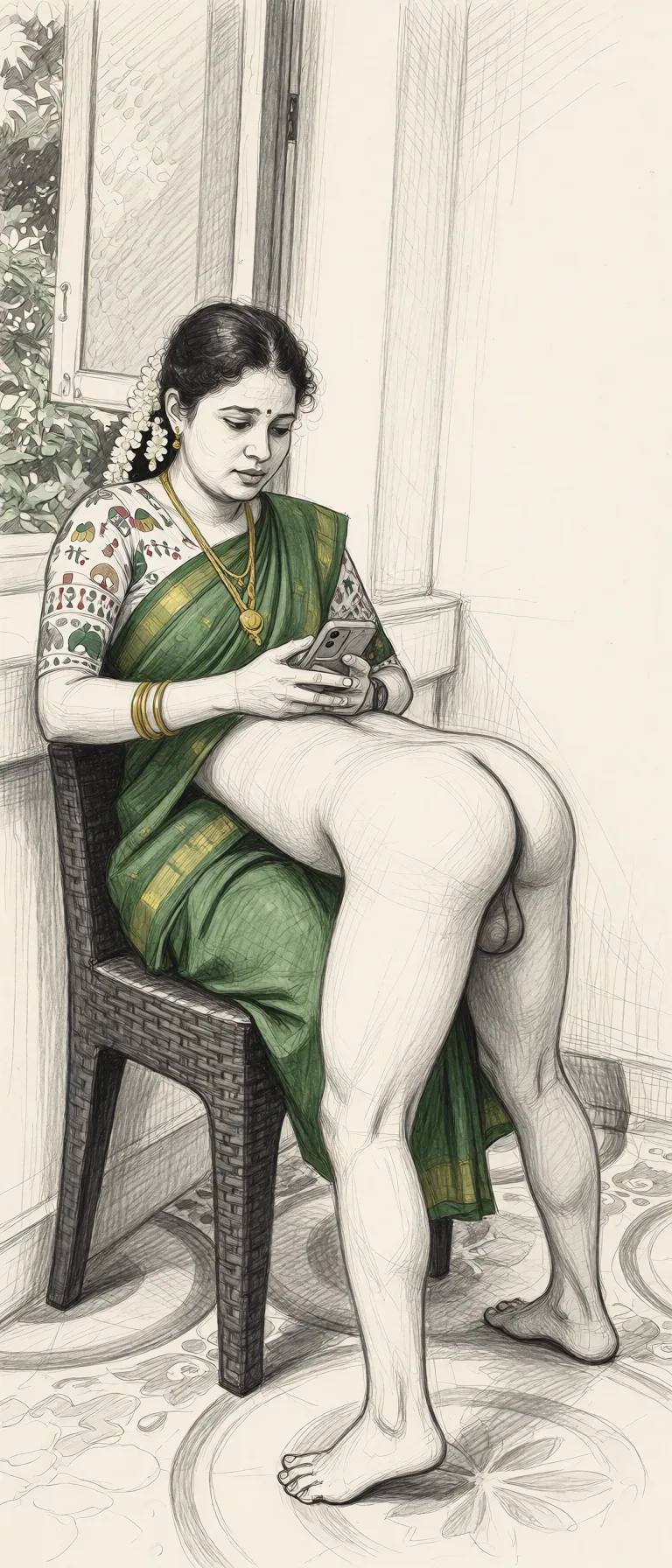Redraw the entire picture as a hand-drawn graphite sketch on off-white paper: visible pencil strokes, cross-hatched shading, loose construction lines and no colour beyond the grey of the pencil and the tone of the paper. The background is drawn in the same style. Nothing in the frame keeps its photographic appearance. Above all, the picture must show: Remove the saree and stand and doggy style_parody.