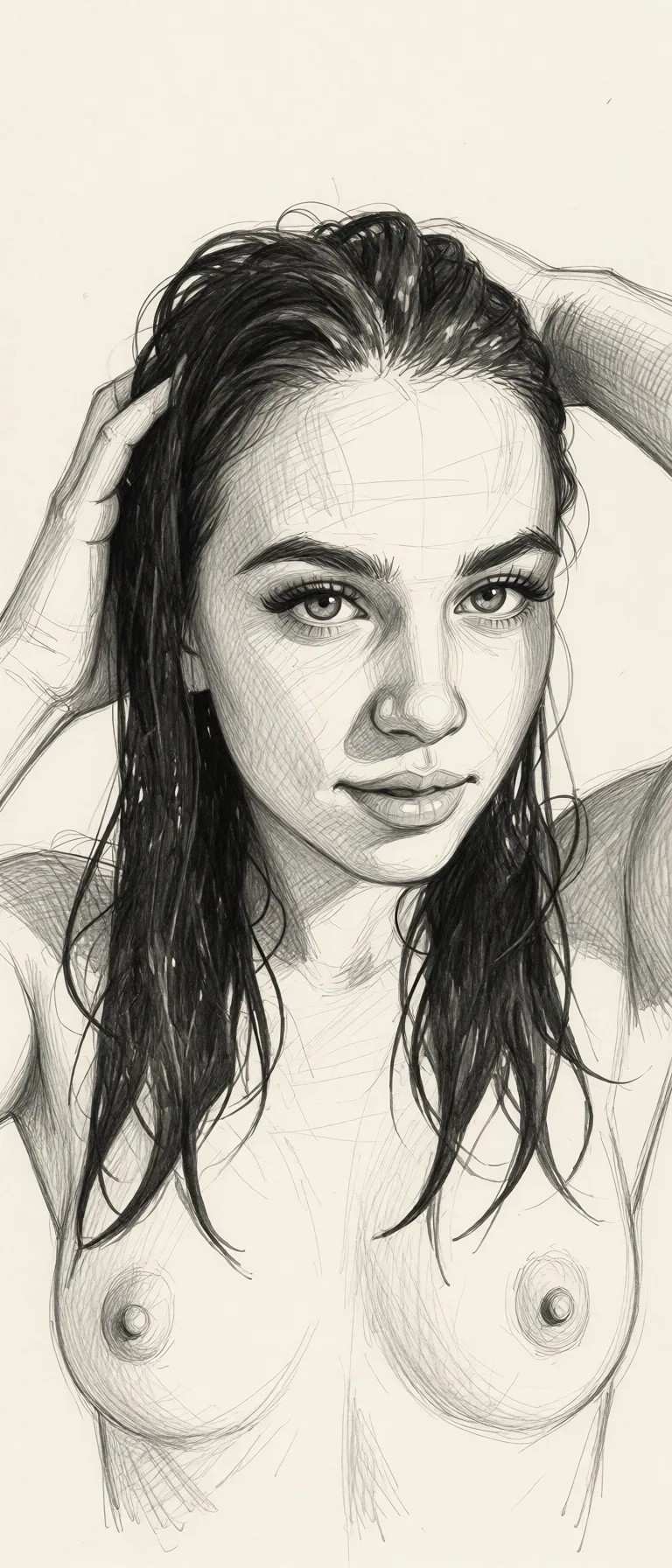 Redraw the entire picture as a hand-drawn graphite sketch on off-white paper: visible pencil strokes, cross-hatched shading, loose construction lines and no colour beyond the grey of the pencil and the tone of the paper. The background is drawn in the same style. Nothing in the frame keeps its photographic appearance. Above all, the picture must show: Минет.