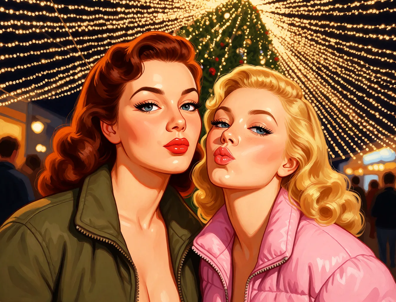 Redraw the entire picture as a retro pin-up illustration: smooth airbrushed gouache paint, warm saturated mid-century colour, clean confident outlines and glamorous stylised features, in the look of a 1950s pin-up poster. The background is painted in the same style. Nothing in the frame keeps its photographic appearance. Above all, the picture must show: поднимают лифчики и показываю грудт.