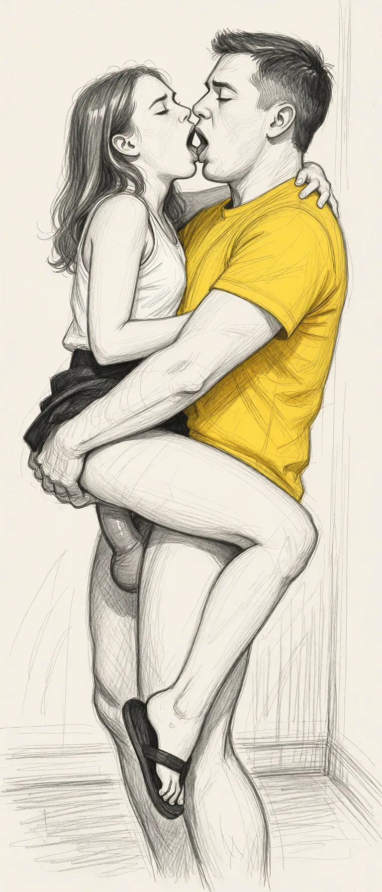 Redraw the entire picture as a hand-drawn graphite sketch on off-white paper: visible pencil strokes, cross-hatched shading, loose construction lines and no colour beyond the grey of the pencil and the tone of the paper. The background is drawn in the same style. Nothing in the frame keeps its photographic appearance. Above all, the picture must show: He picks her up, her skirt pushed up, her legs wrapped around his waist, he's squeezing her butt, having sex, she orgasm.