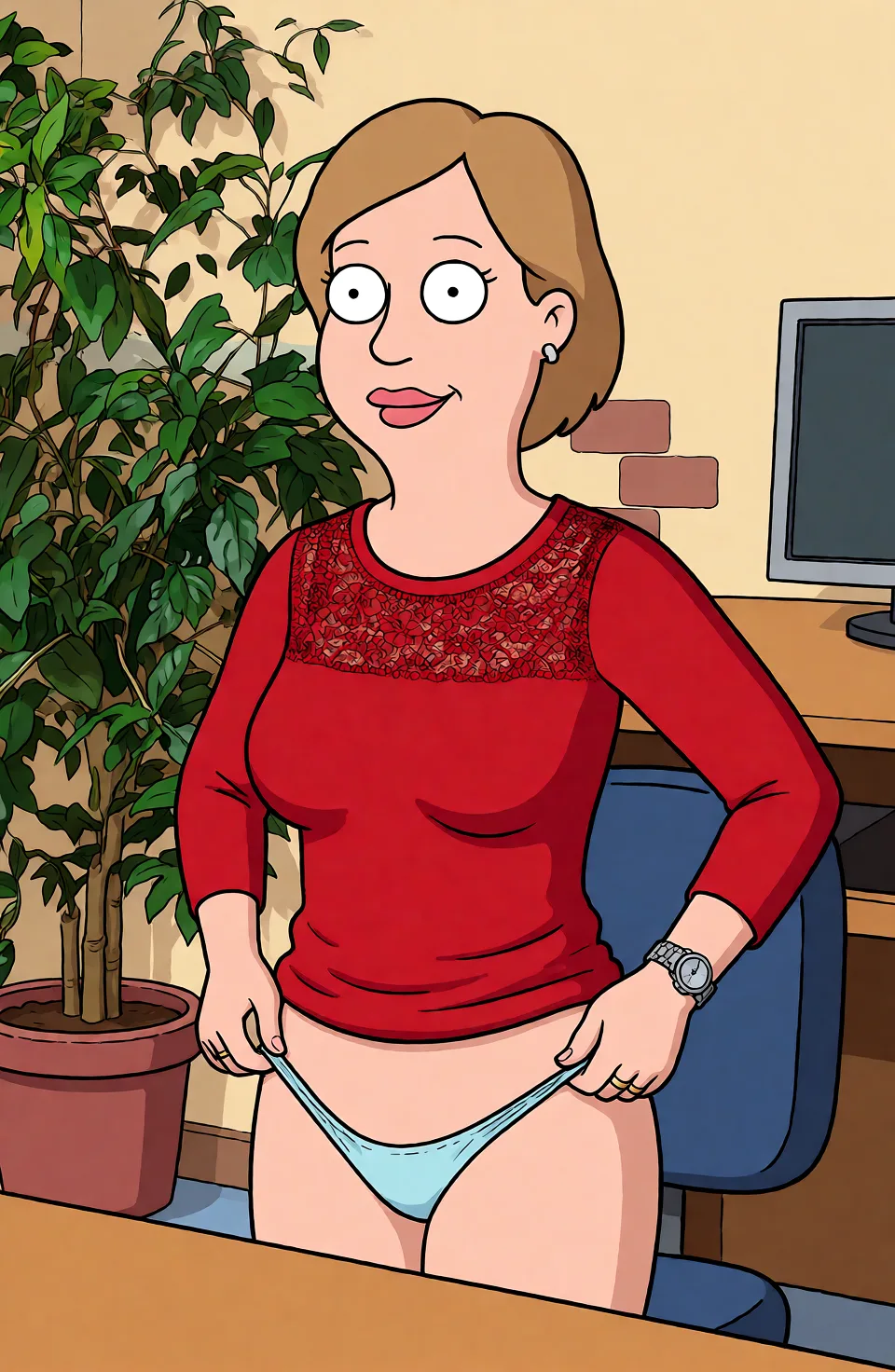 Redraw the entire picture as a western animated cartoon cel: thick even outlines, flat bright blocks of colour, simplified rounded shapes and hard-edged shadows, in the look of a television cartoon rather than of a camera. Keep the woman's adult proportions and adult figure exactly as they are; only the drawing style changes. The background is drawn in the same style. Nothing in the frame keeps its photographic appearance. Above all, the picture must show: The woman pulled up her panty straps with both hands.