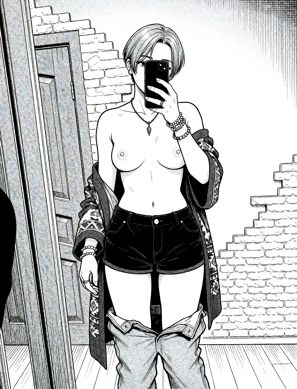 Redraw the entire picture as a black and white manga page: crisp black ink line art, no colour anywhere, flat halftone screentone shading, hatched shadows and clean white highlights, in the look of a printed manga panel. The background is drawn in the same style. Nothing in the frame keeps its photographic appearance. Above all, the picture must show: The woman undresses completely, taking off all her clothes.