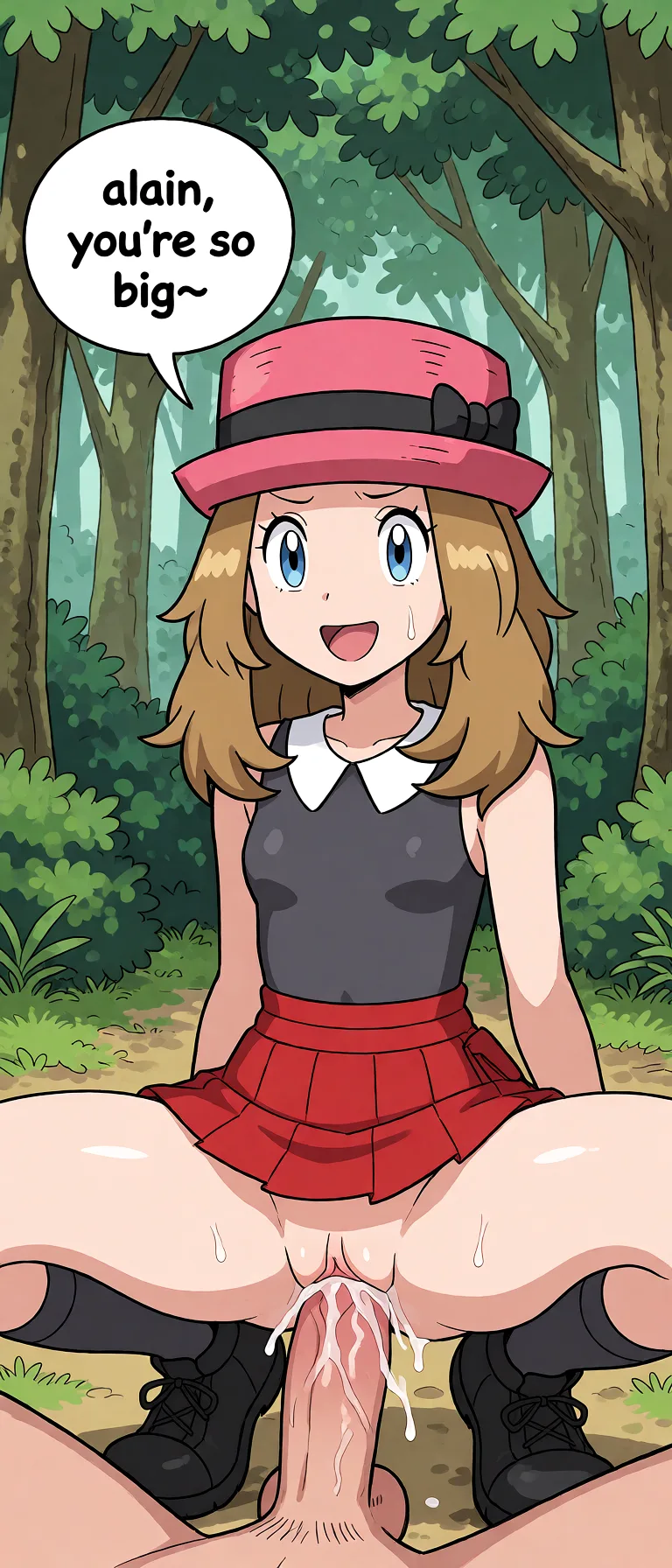 Redraw the entire picture as a hand-drawn anime illustration in flat cel-shaded anime style. It stays the same person with the same face, the same expression, the same hair and the same skin tone, and every other detail of the photograph is kept exactly as it is: nothing is added, removed, moved, uncovered or recoloured. Only the medium changes, and no part of the picture is left photographic. Above all, the picture must show: Forest background, she is squatting as a large dick enters her pussy. She is saying, with a lustful smile: 'alain, you're so big~'.