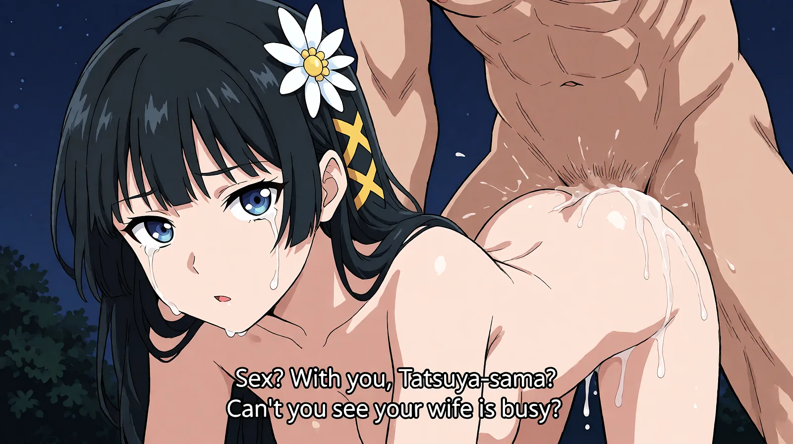 Redraw the entire picture as a hand-drawn anime illustration in flat cel-shaded anime style. It stays the same person with the same face, the same expression, the same hair and the same skin tone, and every other detail of the photograph is kept exactly as it is: nothing is added, removed, moved, uncovered or recoloured. Only the medium changes, and no part of the picture is left photographic. Above all, the picture must show: looking at viewer as she leans forward and her vagina is being pounded from the behind by a man who is not the viewer. She is saying ‘Sex? With you, Tatsuya-sama? Can't you see your wife is busy?’.