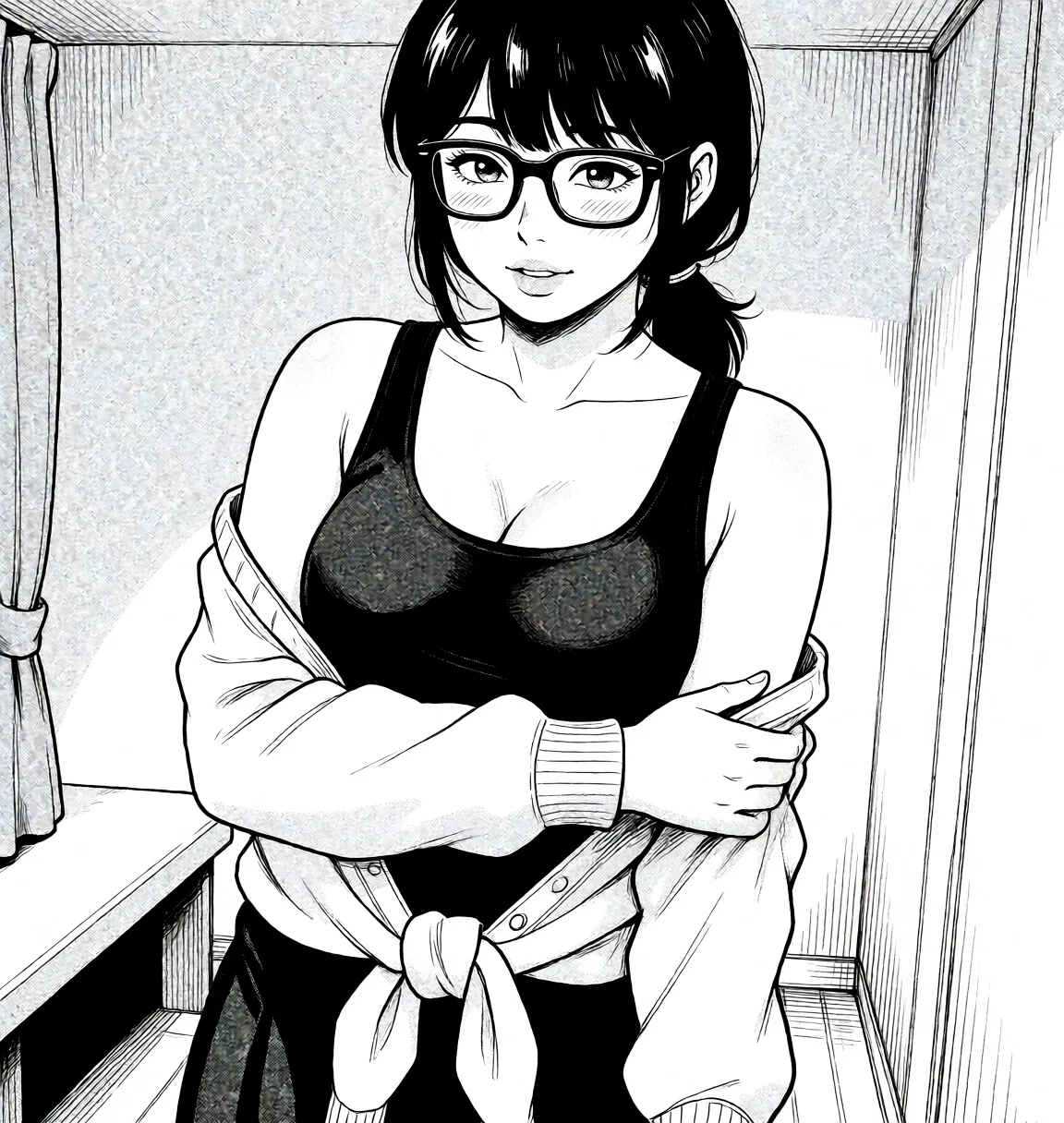 Redraw the entire picture as a black and white manga page: crisp black ink line art, no colour anywhere, flat halftone screentone shading, hatched shadows and clean white highlights, in the look of a printed manga panel. The background is drawn in the same style. Nothing in the frame keeps its photographic appearance. Above all, the picture must show: undressing.
