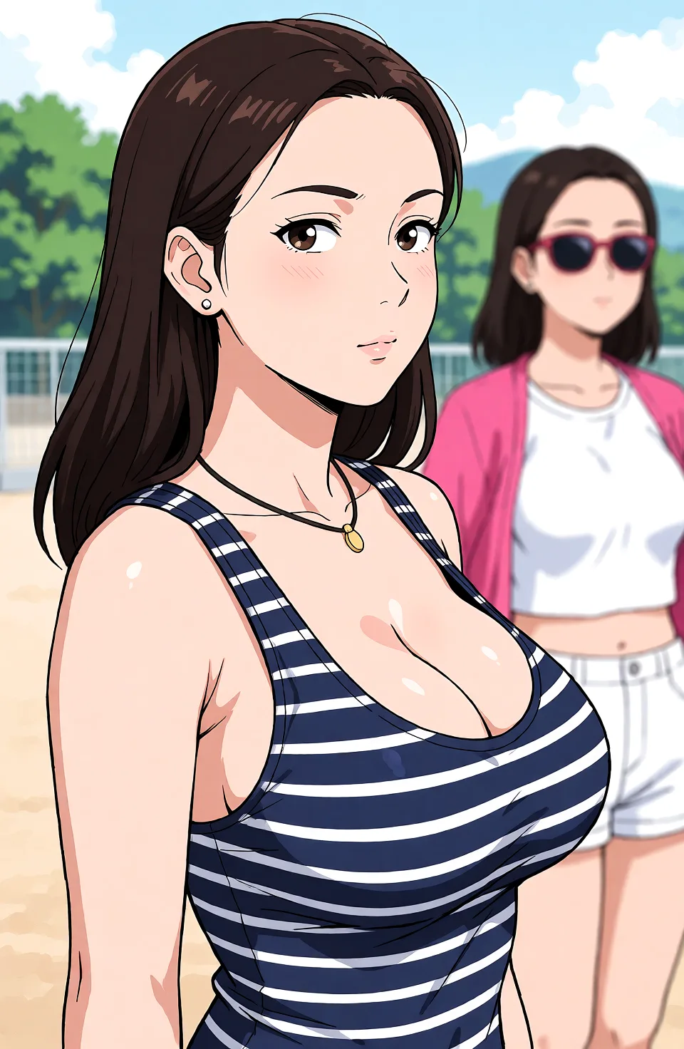 Redraw the entire picture as a hand-drawn anime illustration in flat cel-shaded anime style. It stays the same person with the same face, the same expression, the same hair and the same skin tone, and every other detail of the photograph is kept exactly as it is: nothing is added, removed, moved, uncovered or recoloured. Only the medium changes, and no part of the picture is left photographic. Above all, the picture must show: Nude big natural tits standing.