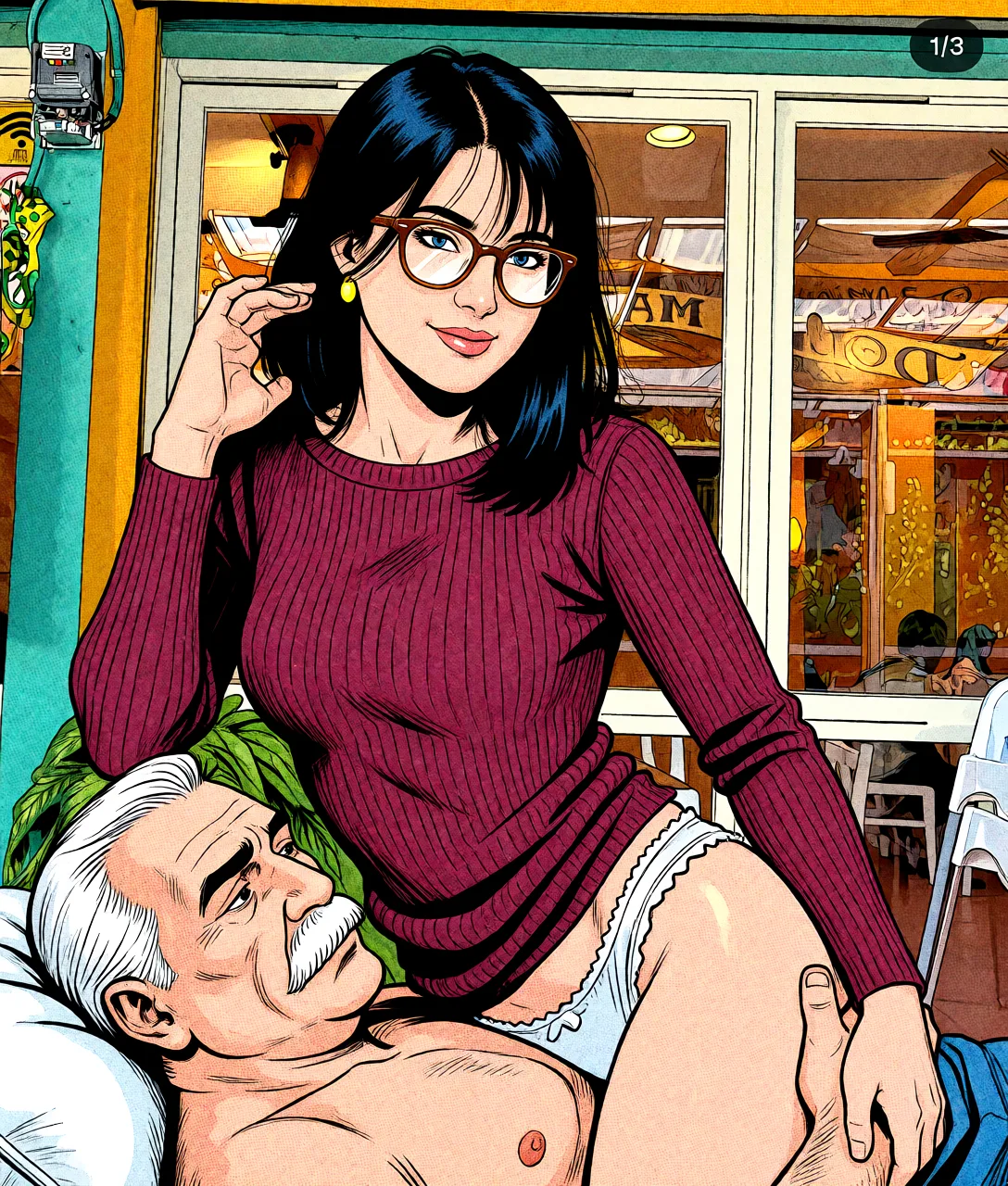Redraw the entire picture as western comic-book art: heavy black inked outlines, hard-edged cel shading, limited high-contrast colour and visible halftone dot texture. The background is drawn in the same style. Nothing in the frame keeps its photographic appearance. Above all, the picture must show: Trending She Is Wearing Only Glasses Loafers Shoes And Socks With Frills Her Underwear Are Dangling From Her Right Ankle She Has A Very White Skin She Is Being Fucked Spooning By Fat Old White Mustache Gray Man In Spooning Sex On The Bed The Old Man Is Firmly Grabbing The Woman's Ponytail While Fucking Her Vigorously In Spooning Position AI Porn.