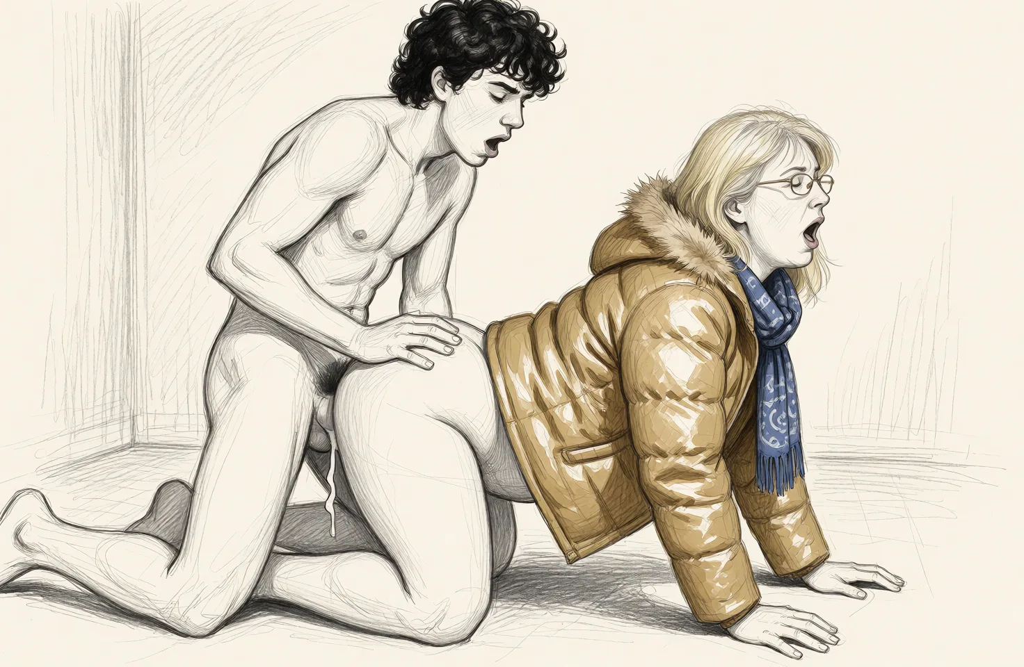 Redraw the entire picture as a hand-drawn graphite sketch on off-white paper: visible pencil strokes, cross-hatched shading, loose construction lines and no colour beyond the grey of the pencil and the tone of the paper. The background is drawn in the same style. Nothing in the frame keeps its photographic appearance. Above all, the picture must show: Middle aged slightly plump woman, naked and on all fours on the floor, being fucked from behing by a young man with black curly hair. He is deep inside her, a small amount of semen is seeping. His mouth is open. We see this from the side. She is rapturous and her mouth is open.