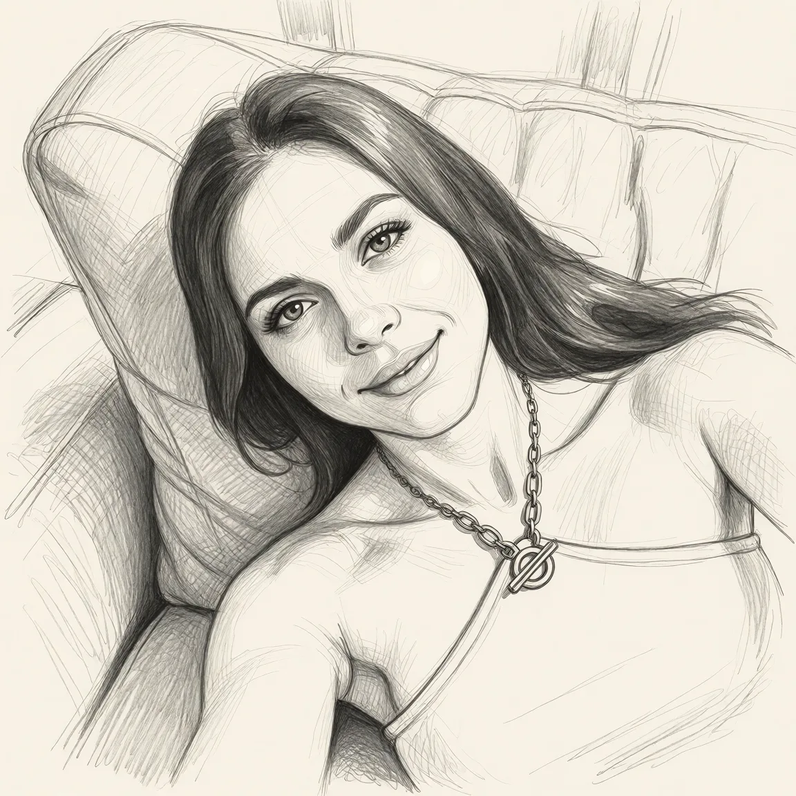 Redraw the entire picture as a hand-drawn graphite sketch on off-white paper: visible pencil strokes, cross-hatched shading, loose construction lines and no colour beyond the grey of the pencil and the tone of the paper. The background is drawn in the same style. Nothing in the frame keeps its photographic appearance. Above all, the picture must show: Blowjob.