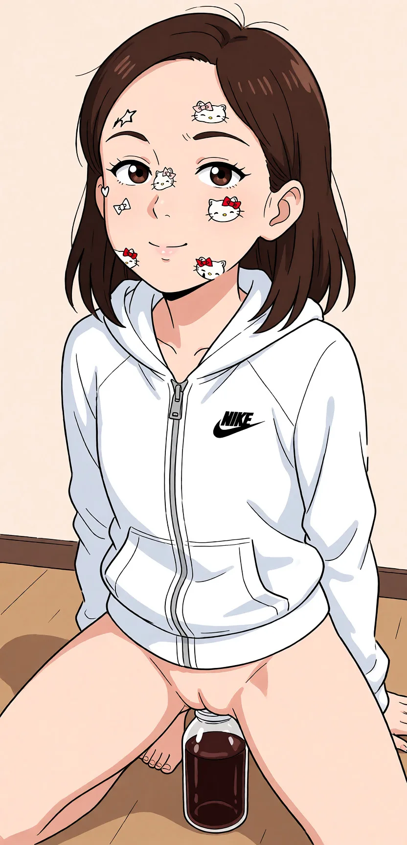 Redraw the entire picture as a hand-drawn anime illustration in flat cel-shaded anime style. It stays the same person with the same face, the same expression, the same hair and the same skin tone, and every other detail of the photograph is kept exactly as it is: nothing is added, removed, moved, uncovered or recoloured. Only the medium changes, and no part of the picture is left photographic. Above all, the picture must show: She sat on the bottle with her butt.