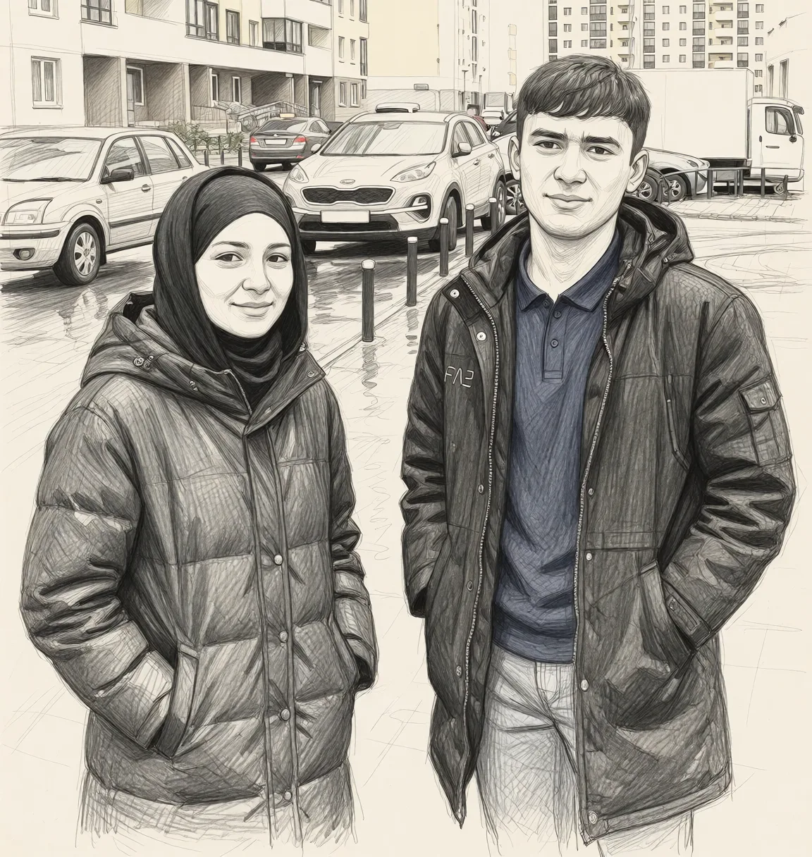 Redraw the entire picture as a hand-drawn graphite sketch on off-white paper: visible pencil strokes, cross-hatched shading, loose construction lines and no colour beyond the grey of the pencil and the tone of the paper. The background is drawn in the same style. Nothing in the frame keeps its photographic appearance. Above all, the picture must show: Она у меня член в руках и в рот.