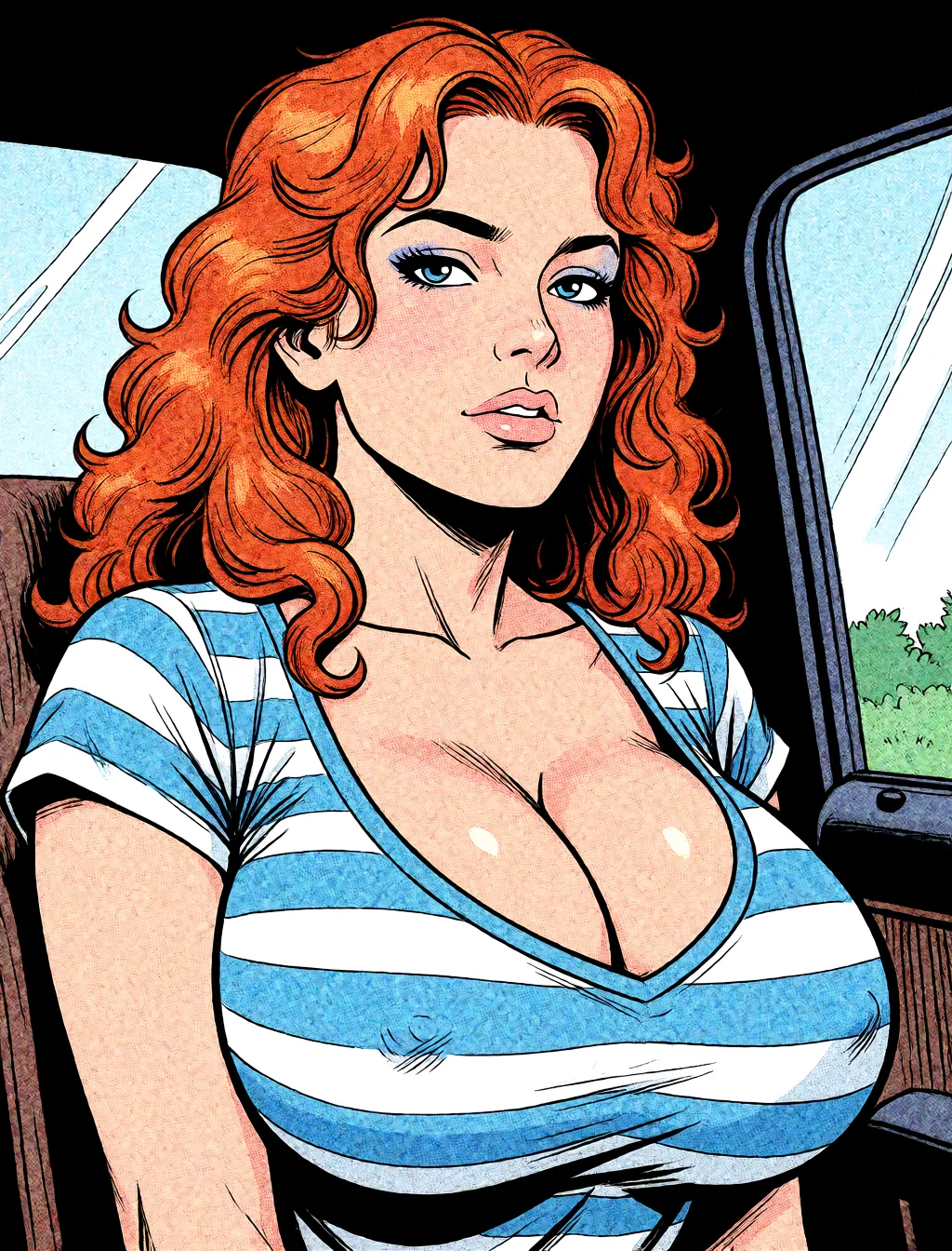 Redraw the entire picture as western comic-book art: heavy black inked outlines, hard-edged cel shading, limited high-contrast colour and visible halftone dot texture. The background is drawn in the same style. Nothing in the frame keeps its photographic appearance. Above all, the picture must show: Big tits big ass.