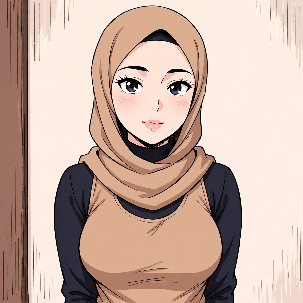 Redraw the entire picture as a hand-drawn anime illustration in flat cel-shaded anime style. It stays the same person with the same face, the same expression, the same hair and the same skin tone, and every other detail of the photograph is kept exactly as it is: nothing is added, removed, moved, uncovered or recoloured. Only the medium changes, and no part of the picture is left photographic. Above all, the picture must show: show boobs outline but clothes still on.