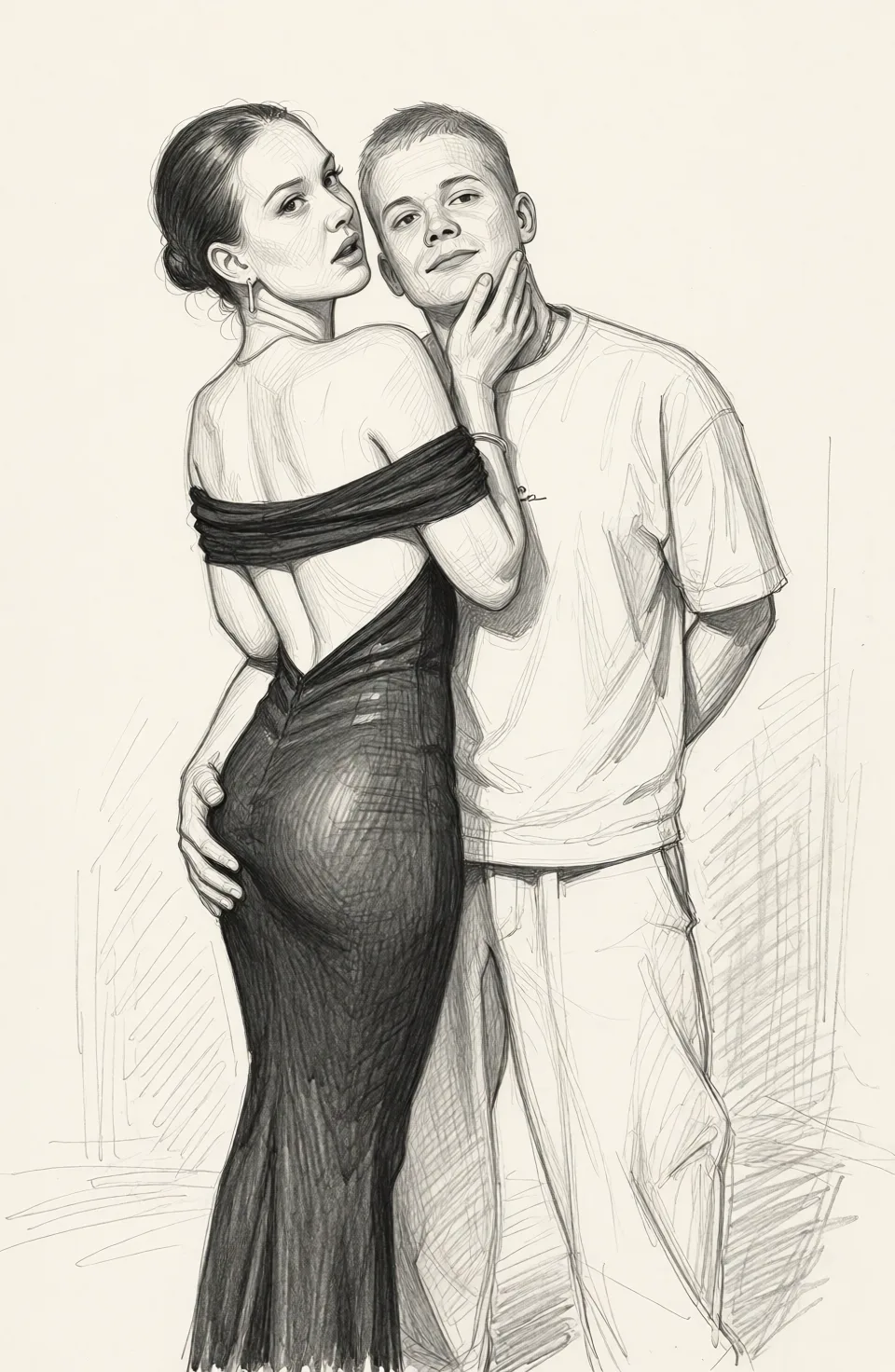 Redraw the entire picture as a hand-drawn graphite sketch on off-white paper: visible pencil strokes, cross-hatched shading, loose construction lines and no colour beyond the grey of the pencil and the tone of the paper. The background is drawn in the same style. Nothing in the frame keeps its photographic appearance. Above all, the picture must show: Парень снимает платье с девушки и начинает трахать раком.