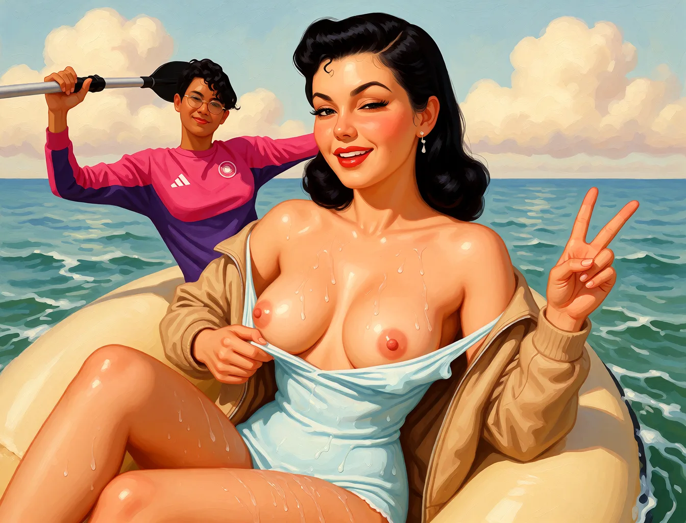 Redraw the entire picture as a retro pin-up illustration: smooth airbrushed gouache paint, warm saturated mid-century colour, clean confident outlines and glamorous stylised features, in the look of a 1950s pin-up poster. The background is painted in the same style. Nothing in the frame keeps its photographic appearance. Above all, the picture must show: undressing.