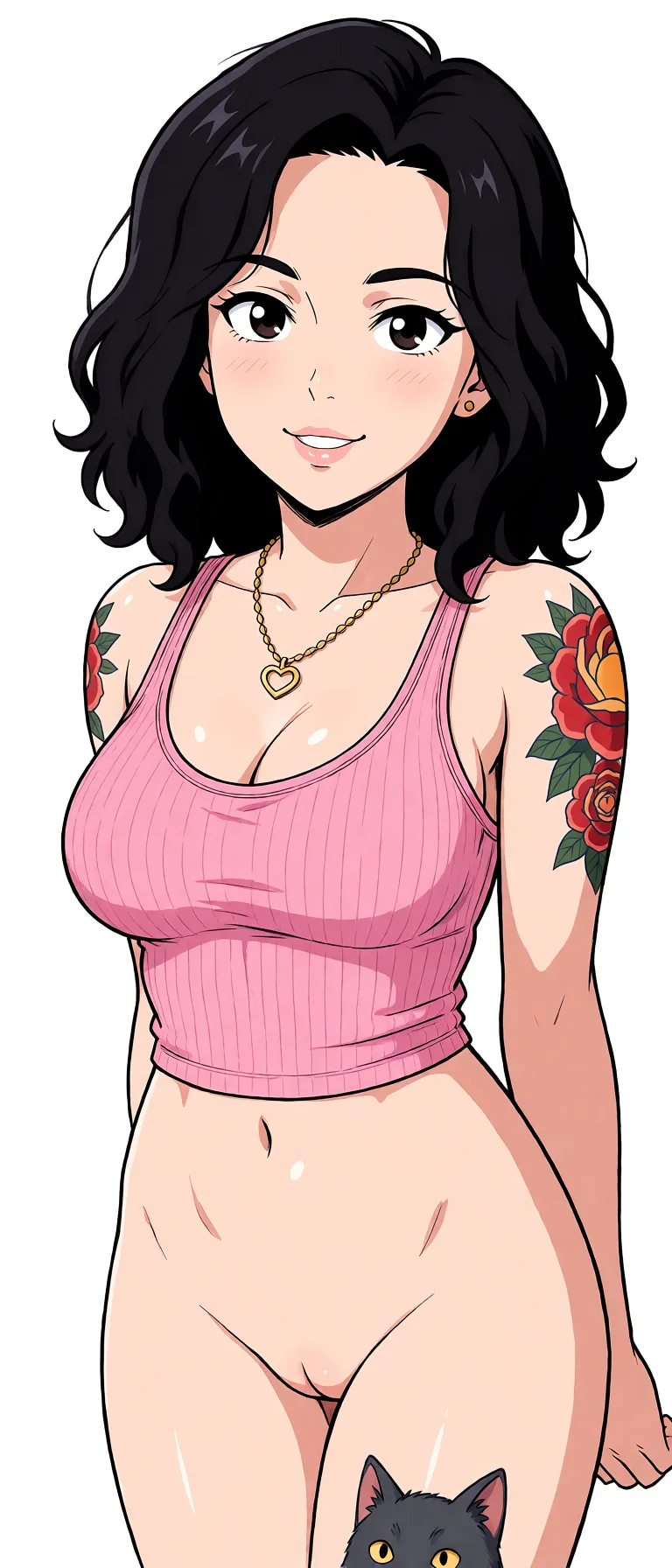 Redraw the entire picture as a hand-drawn anime illustration in flat cel-shaded anime style. It stays the same person with the same face, the same expression, the same hair and the same skin tone, and every other detail of the photograph is kept exactly as it is: nothing is added, removed, moved, uncovered or recoloured. Only the medium changes, and no part of the picture is left photographic. Above all, the picture must show: nude.