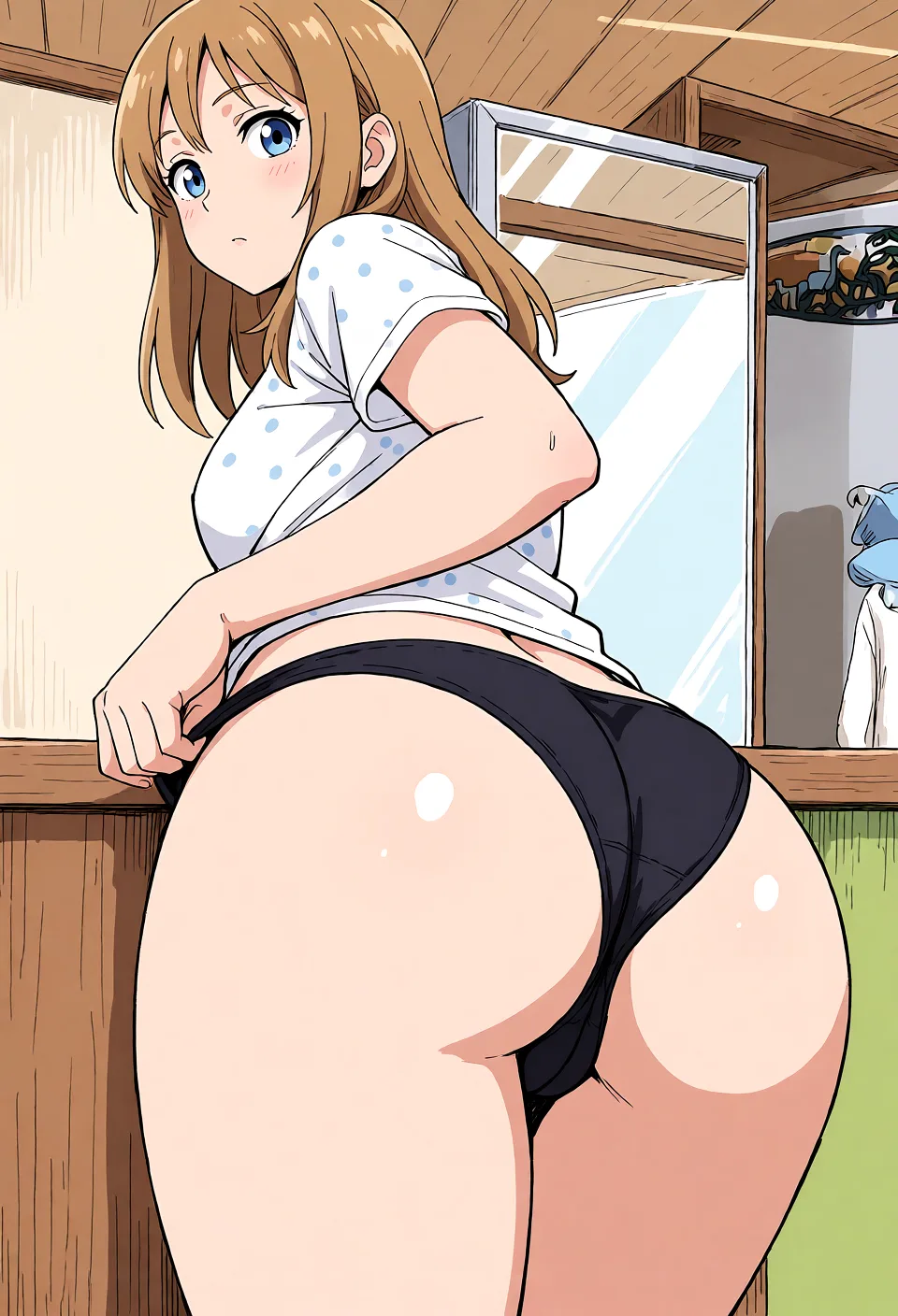 Redraw the entire picture as a hand-drawn anime illustration in flat cel-shaded anime style. It stays the same person with the same face, the same expression, the same hair and the same skin tone, and every other detail of the photograph is kept exactly as it is: nothing is added, removed, moved, uncovered or recoloured. Only the medium changes, and no part of the picture is left photographic. Above all, the picture must show: close-up ass view, ass focus.