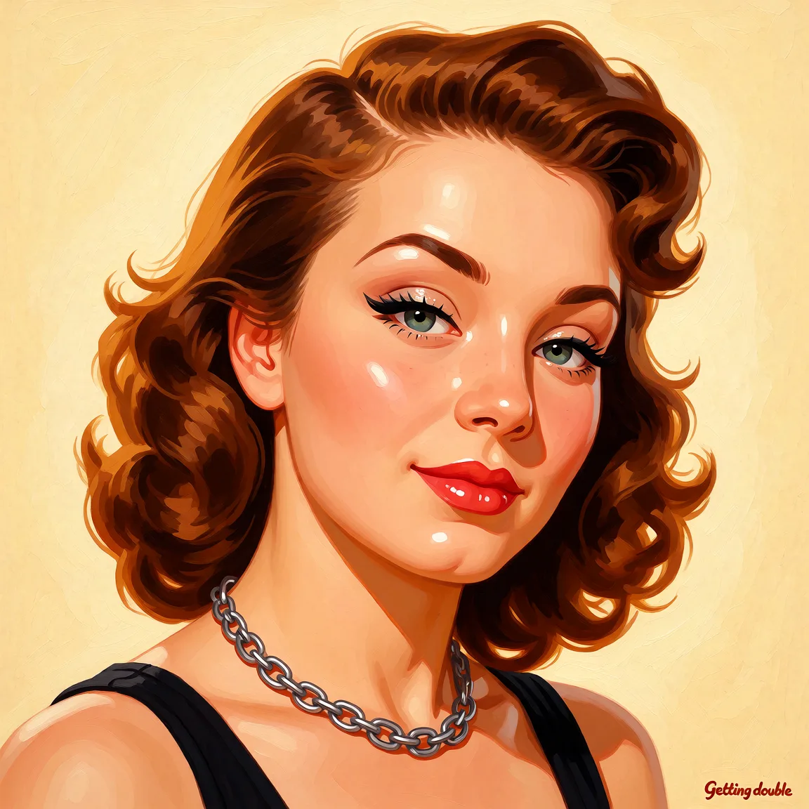 Redraw the entire picture as a retro pin-up illustration: smooth airbrushed gouache paint, warm saturated mid-century colour, clean confident outlines and glamorous stylised features, in the look of a 1950s pin-up poster. The background is painted in the same style. Nothing in the frame keeps its photographic appearance. Above all, the picture must show: Getting double teamed.