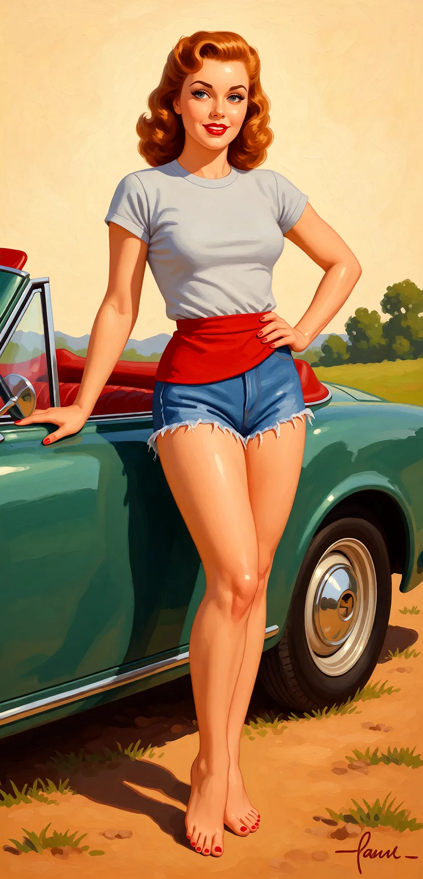Redraw the entire picture as a retro pin-up illustration: smooth airbrushed gouache paint, warm saturated mid-century colour, clean confident outlines and glamorous stylised features, in the look of a 1950s pin-up poster. The background is painted in the same style. Nothing in the frame keeps its photographic appearance. Above all, the picture must show: Naked.