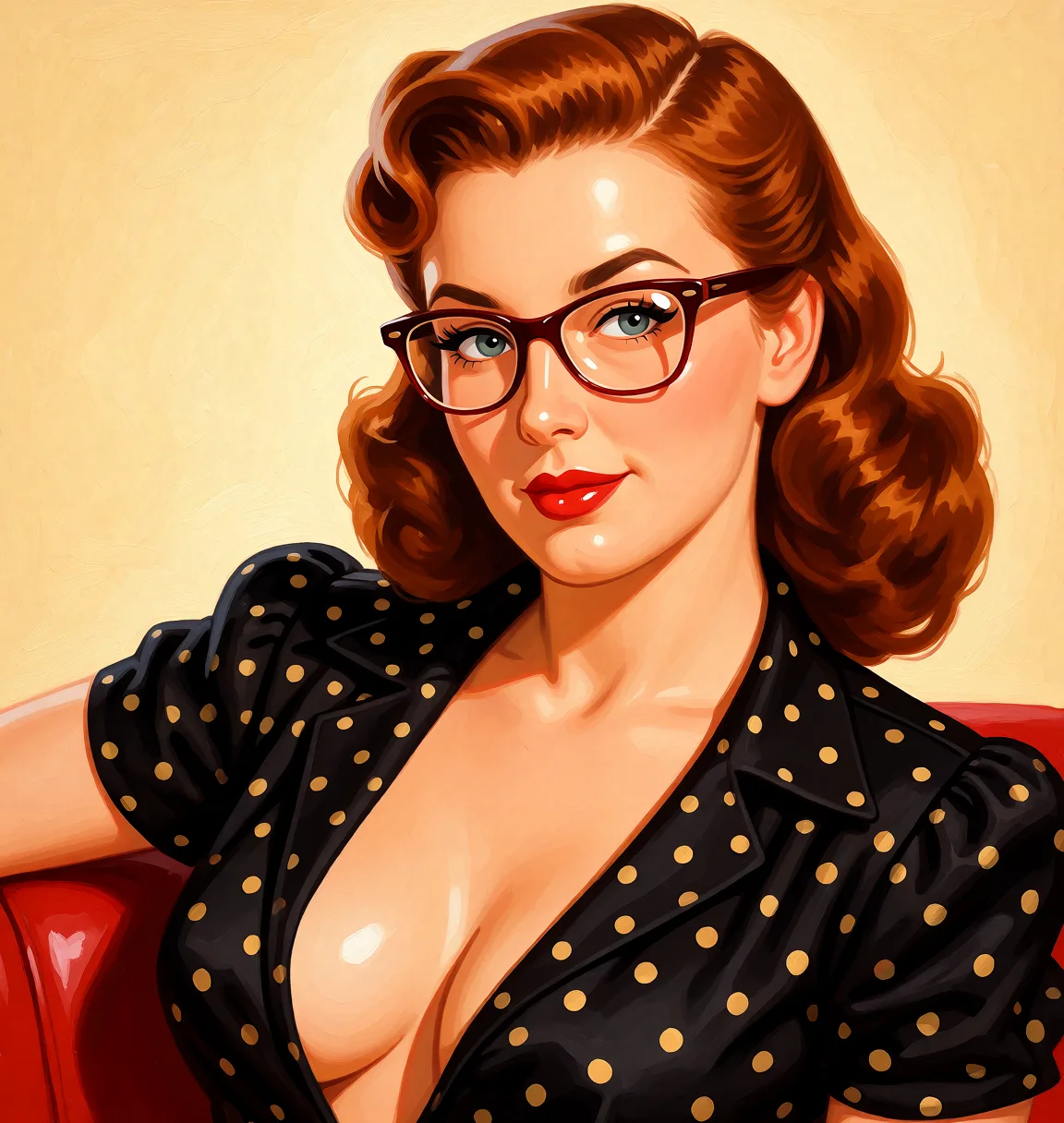 Redraw the entire picture as a retro pin-up illustration: smooth airbrushed gouache paint, warm saturated mid-century colour, clean confident outlines and glamorous stylised features, in the look of a 1950s pin-up poster. The background is painted in the same style. Nothing in the frame keeps its photographic appearance. Above all, the picture must show: nude.