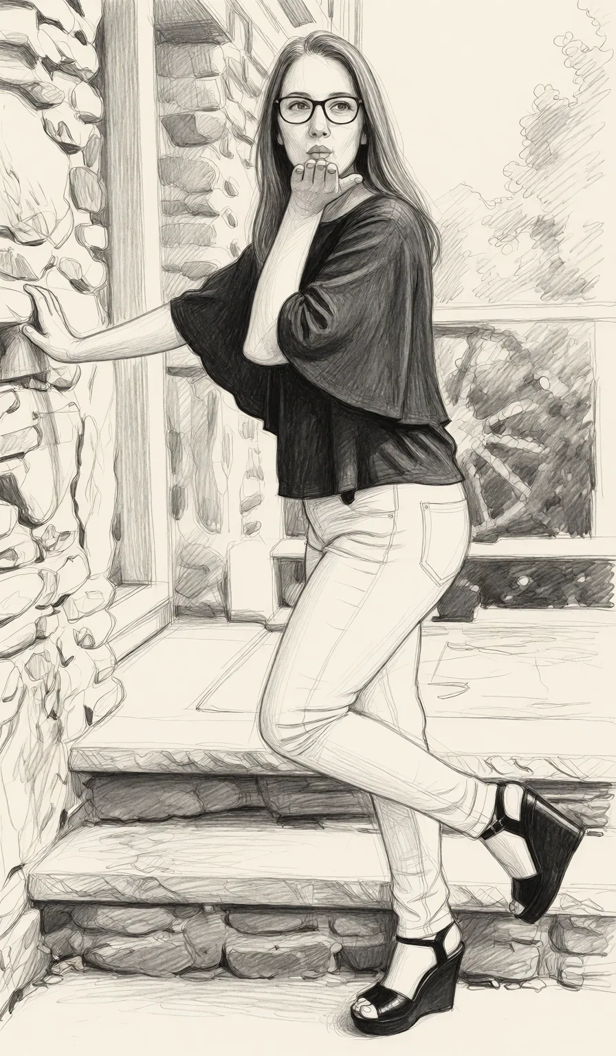 Redraw the entire picture as a hand-drawn graphite sketch on off-white paper: visible pencil strokes, cross-hatched shading, loose construction lines and no colour beyond the grey of the pencil and the tone of the paper. The background is drawn in the same style. Nothing in the frame keeps its photographic appearance. Above all, the picture must show: nude.