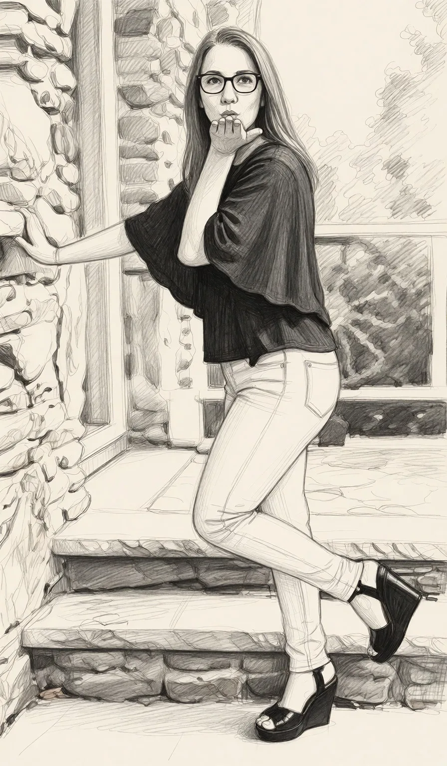 Redraw the entire picture as a hand-drawn graphite sketch on off-white paper: visible pencil strokes, cross-hatched shading, loose construction lines and no colour beyond the grey of the pencil and the tone of the paper. The background is drawn in the same style. Nothing in the frame keeps its photographic appearance. Above all, the picture must show: nude.